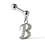 Initial Charm barbell earrings, 16G Piercing with 3mm balls and dangle Silver Letter Charm