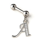 Initial Charm barbell earrings, 16G Piercing with 3mm balls and dangle Silver Letter Charm
