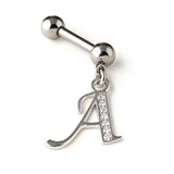 Initial Charm barbell earrings, 16G Piercing with 3mm balls and dangle Silver Letter Charm