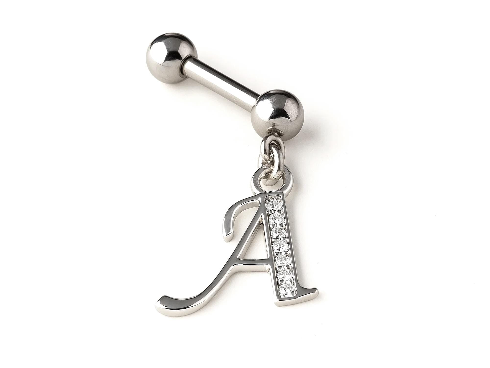 Initial Charm barbell earrings, 16G Piercing with 3mm balls and dangle Silver Letter Charm