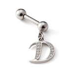 Initial Charm barbell earrings, 16G Piercing with 3mm balls and dangle Silver Letter Charm