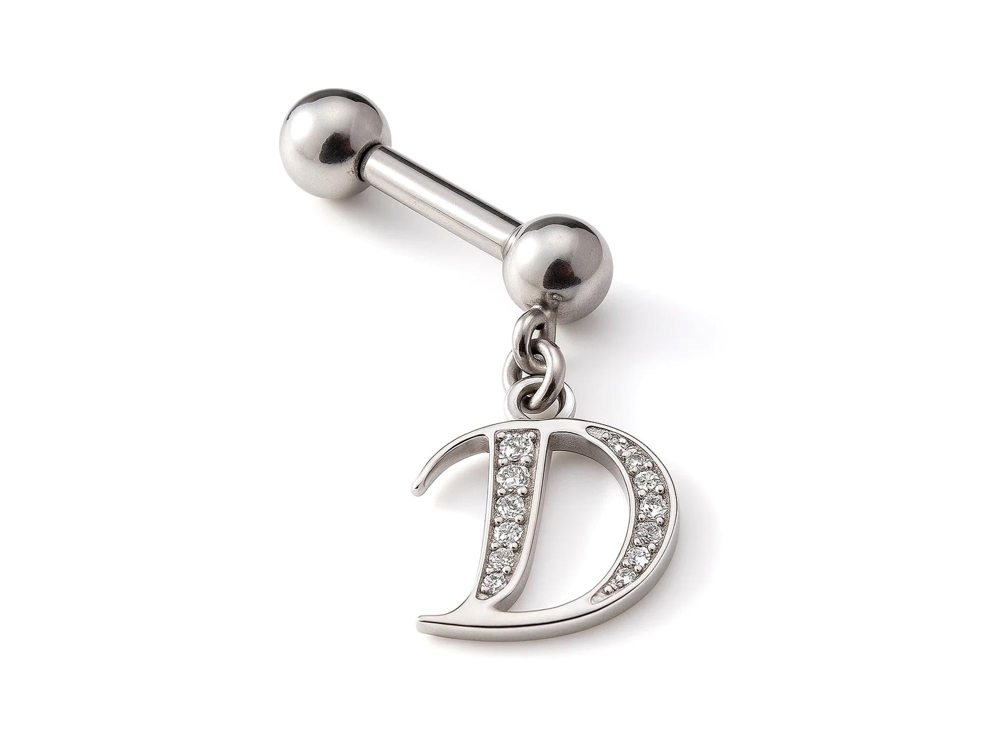 Initial Charm barbell earrings, 16G Piercing with 3mm balls and dangle Silver Letter Charm