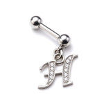 Initial Charm barbell earrings, 16G Piercing with 3mm balls and dangle Silver Letter Charm