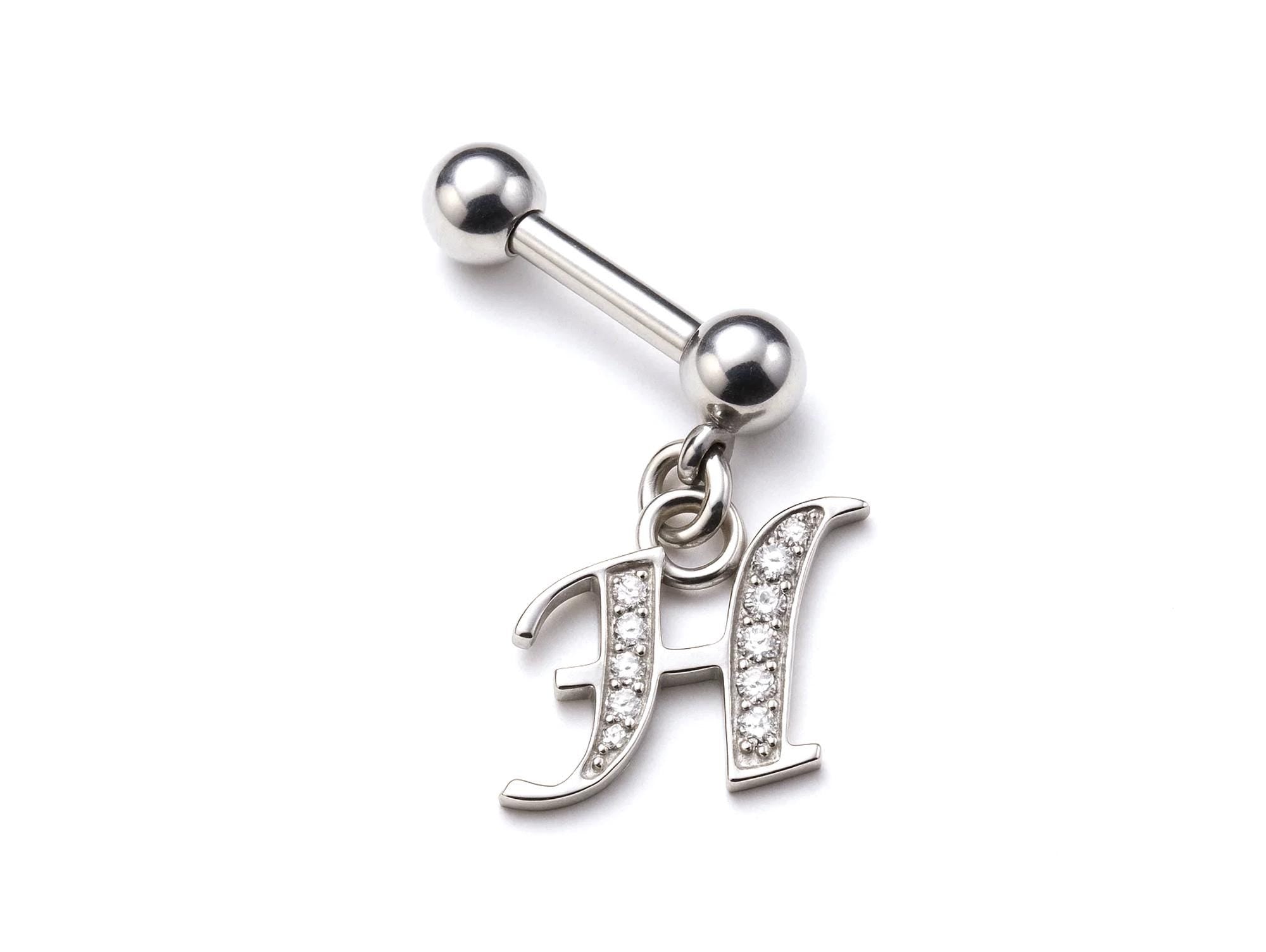 Initial Charm barbell earrings, 16G Piercing with 3mm balls and dangle Silver Letter Charm