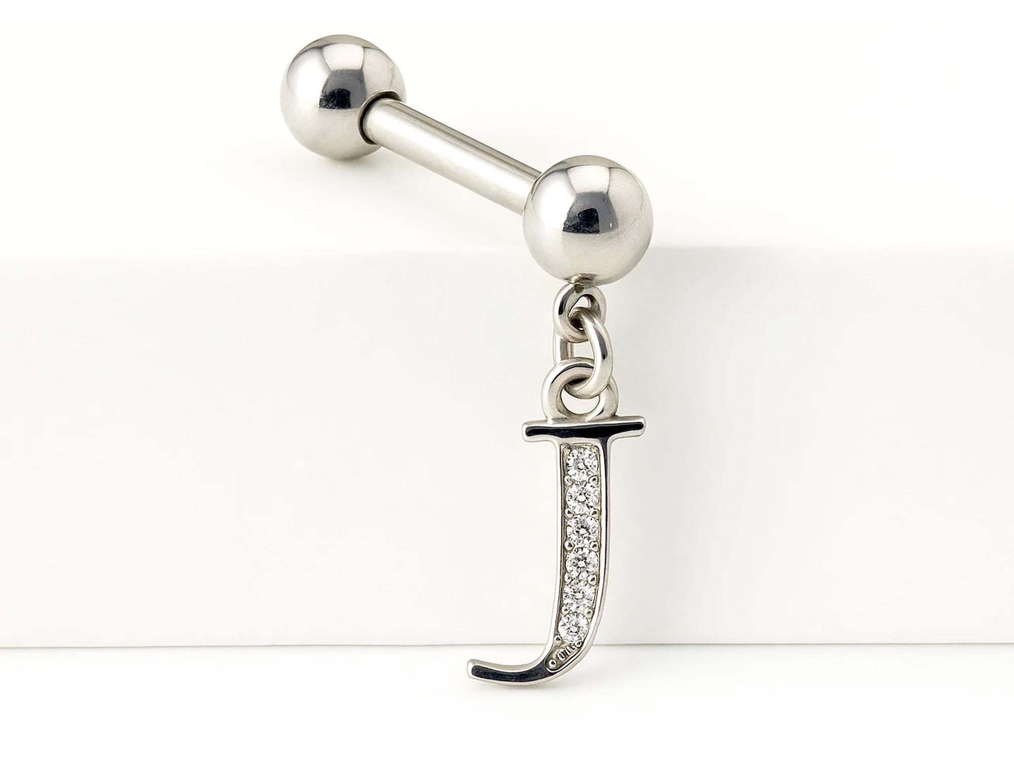 Initial Charm barbell earrings, 16G Piercing with 3mm balls and dangle Silver Letter Charm