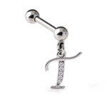 Initial Charm barbell earrings, 16G Piercing with 3mm balls and dangle Silver Letter Charm
