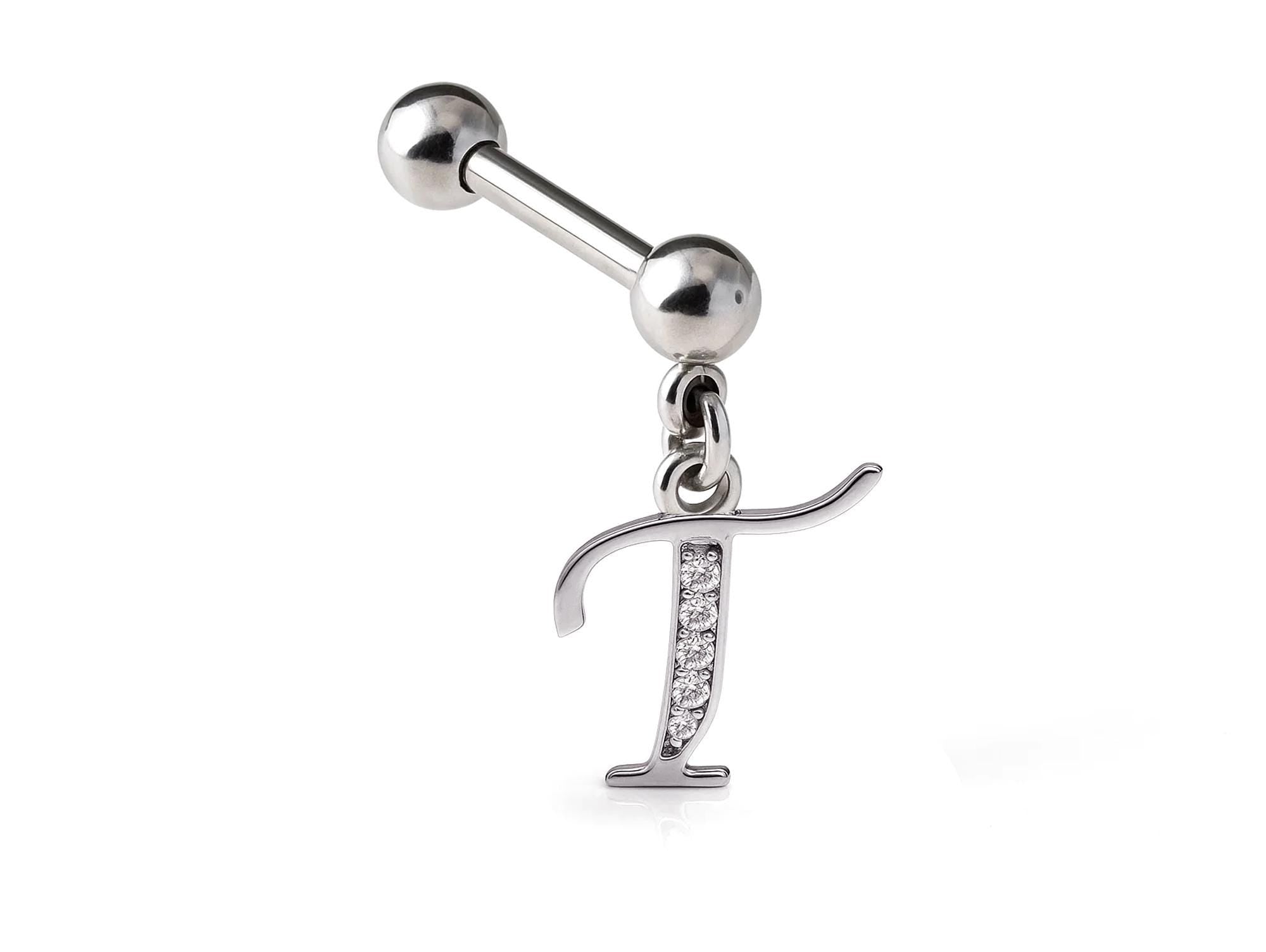 Initial Charm barbell earrings, 16G Piercing with 3mm balls and dangle Silver Letter Charm