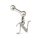 Initial Charm barbell earrings, 16G Piercing with 3mm balls and dangle Silver Letter Charm