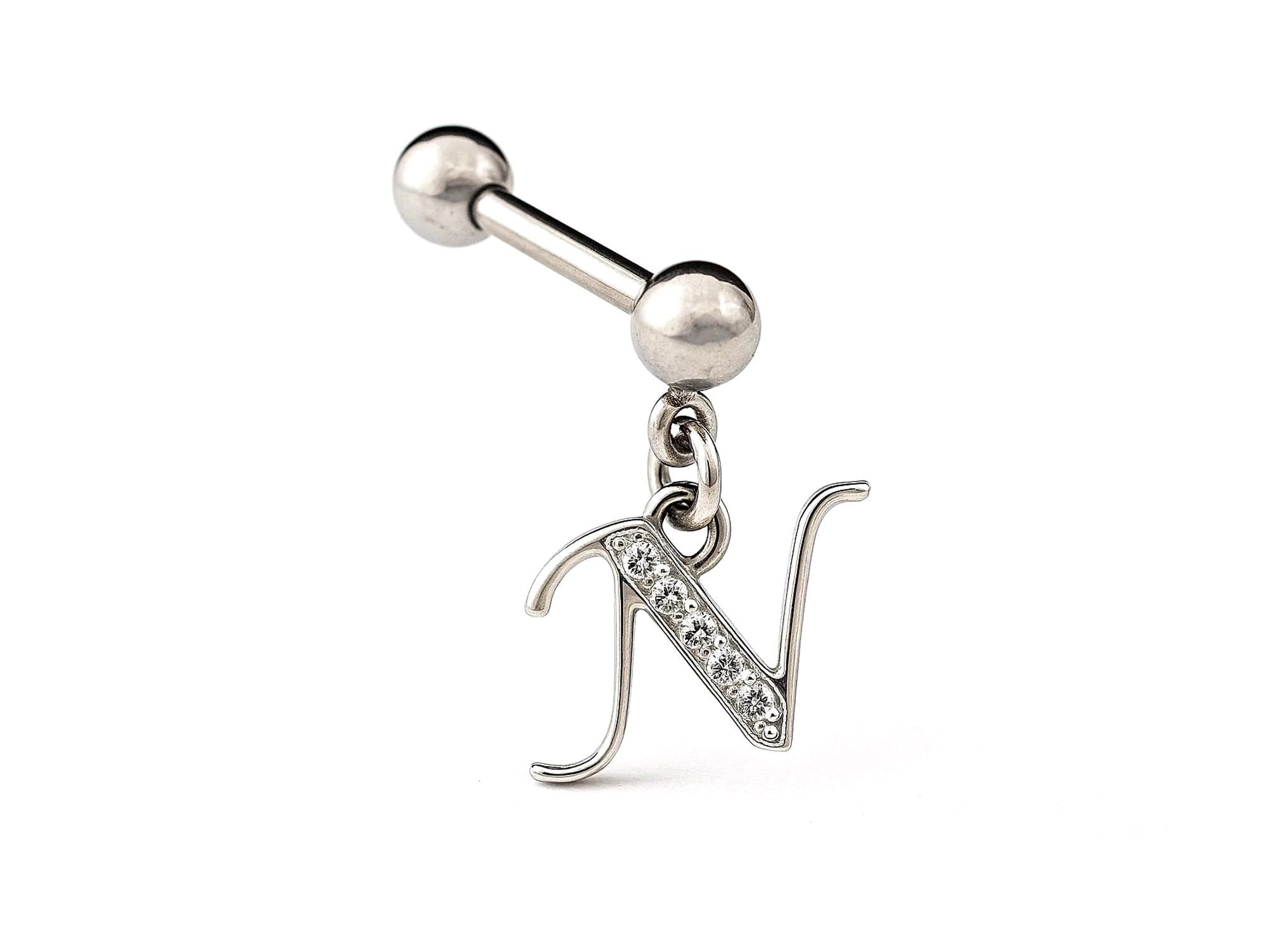 Initial Charm barbell earrings, 16G Piercing with 3mm balls and dangle Silver Letter Charm