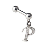 Initial Charm barbell earrings, 16G Piercing with 3mm balls and dangle Silver Letter Charm
