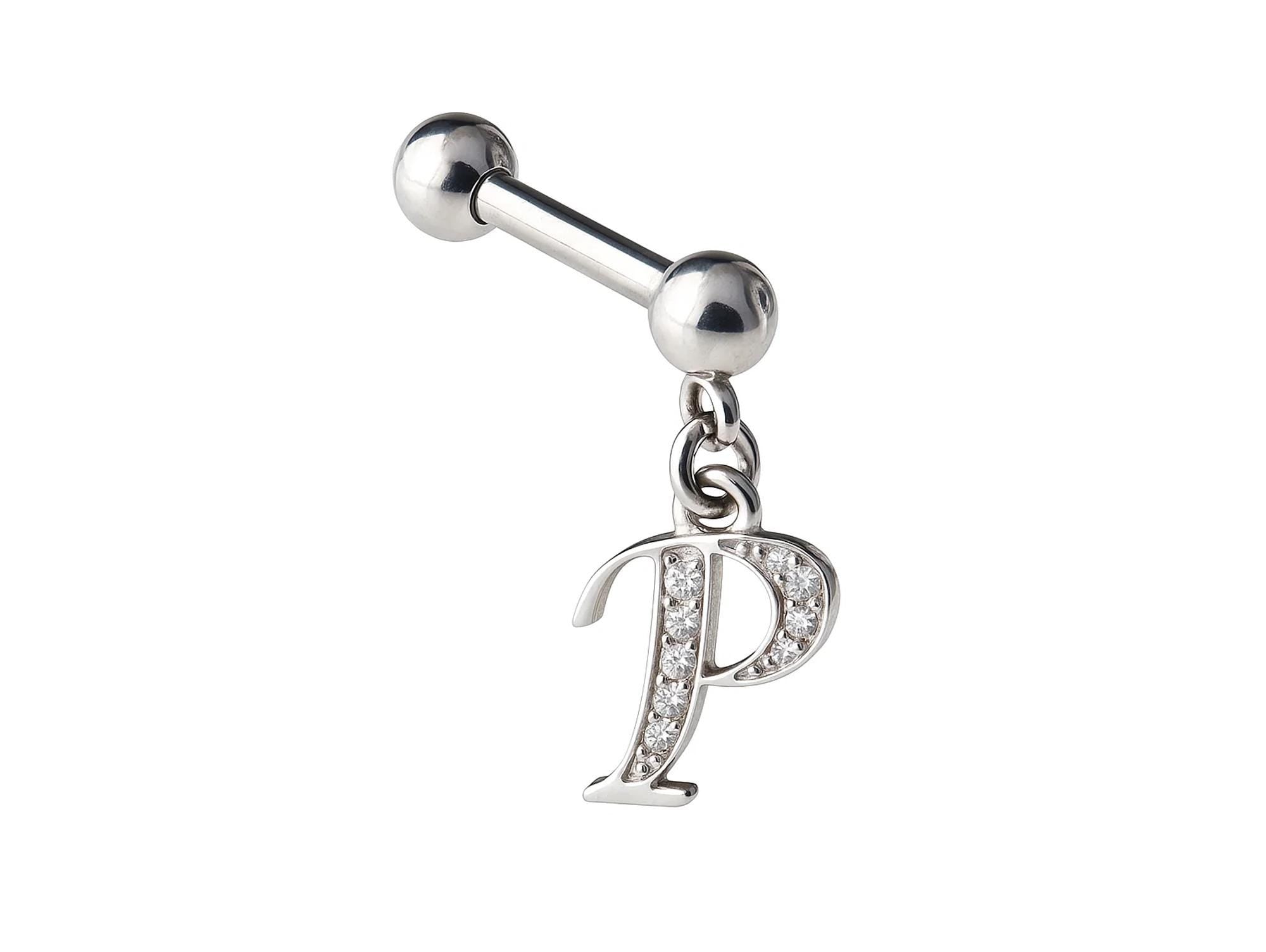 Initial Charm barbell earrings, 16G Piercing with 3mm balls and dangle Silver Letter Charm