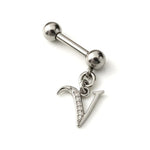Initial Charm barbell earrings, 16G Piercing with 3mm balls and dangle Silver Letter Charm