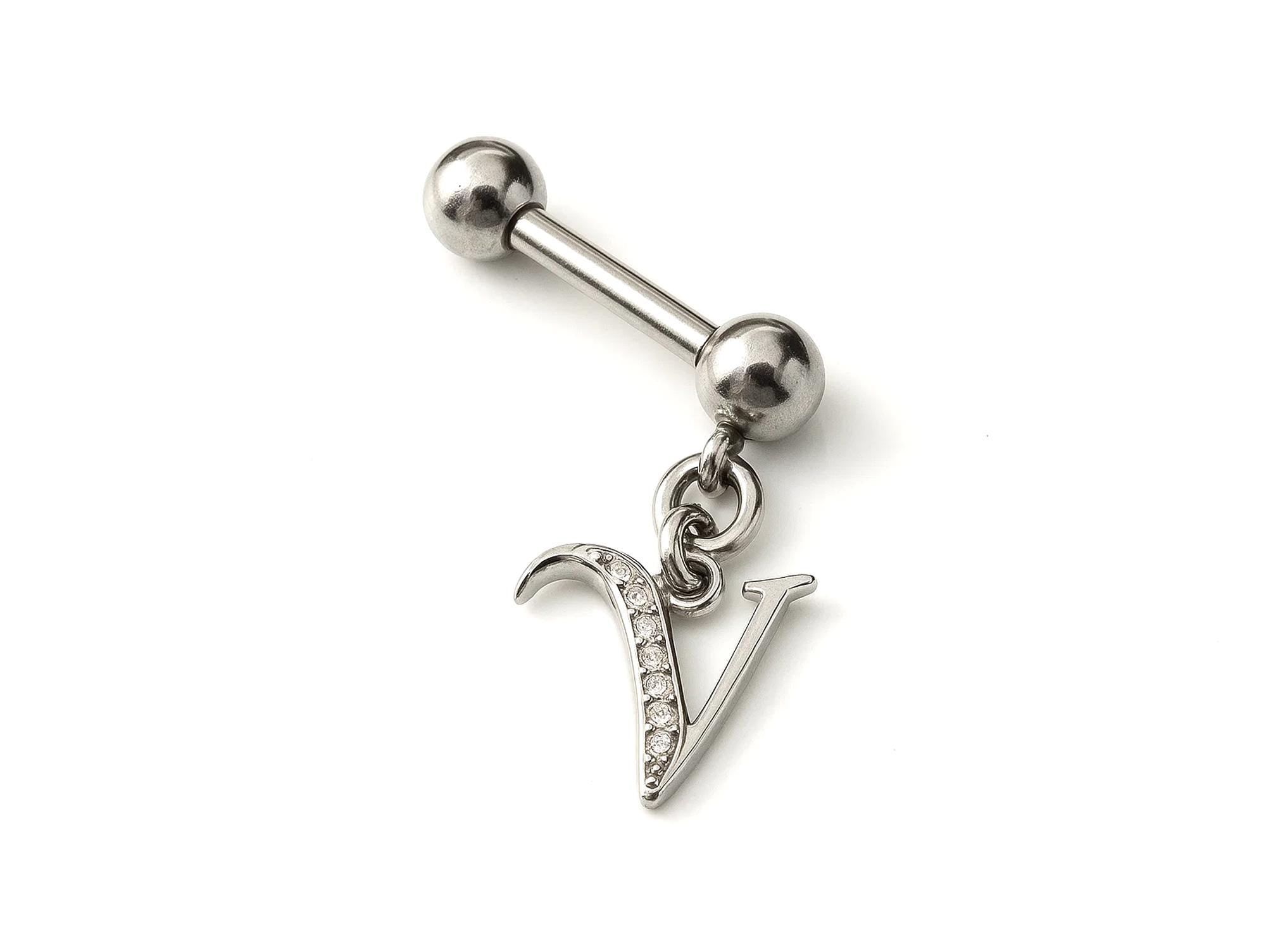 Initial Charm barbell earrings, 16G Piercing with 3mm balls and dangle Silver Letter Charm