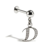 Initial Charm Labret Studs, 16G Cartilage Piercing with 3mm ball and Silver Letter Charm