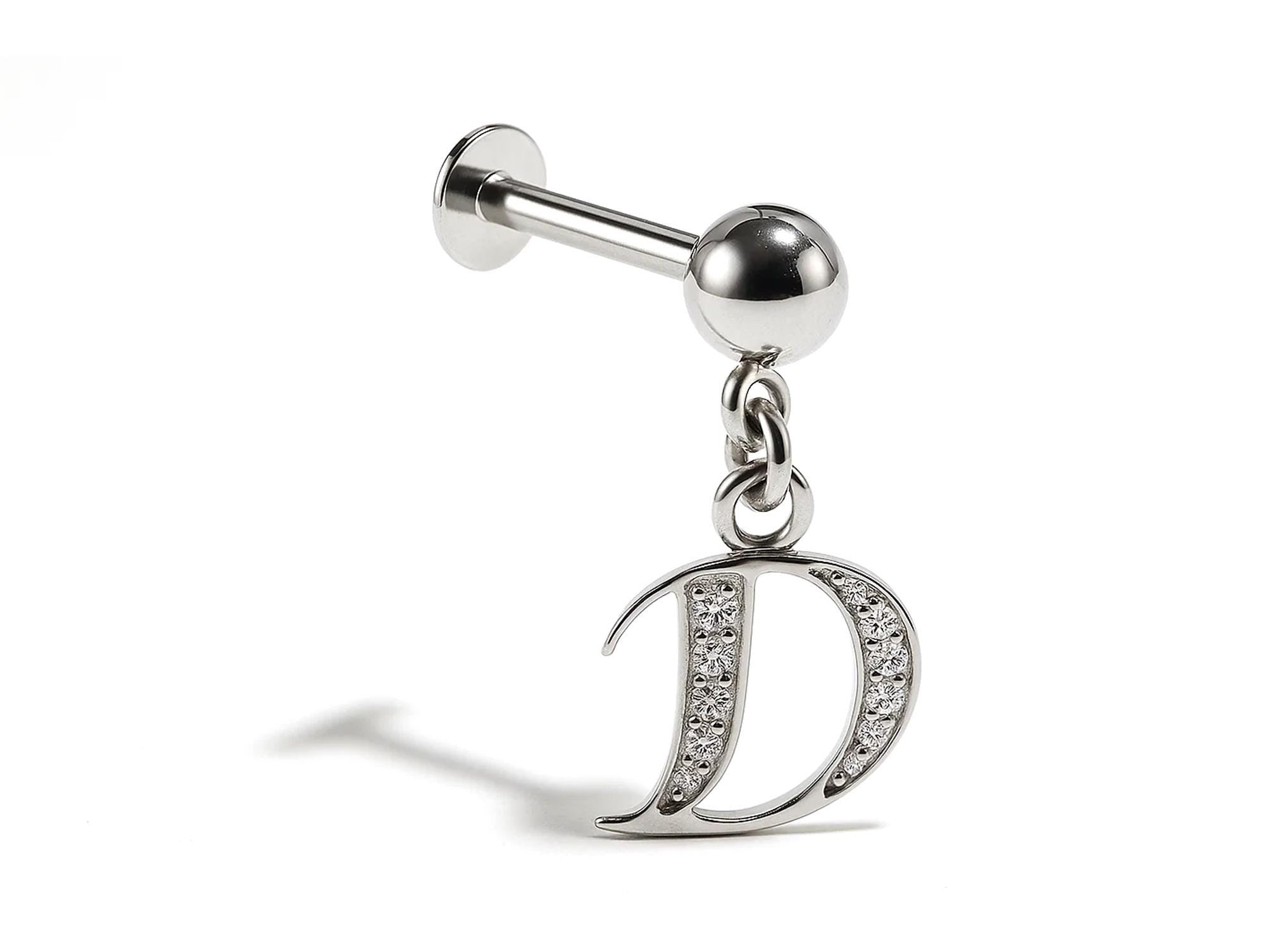 Initial Charm Labret Studs, 16G Cartilage Piercing with 3mm ball and Silver Letter Charm