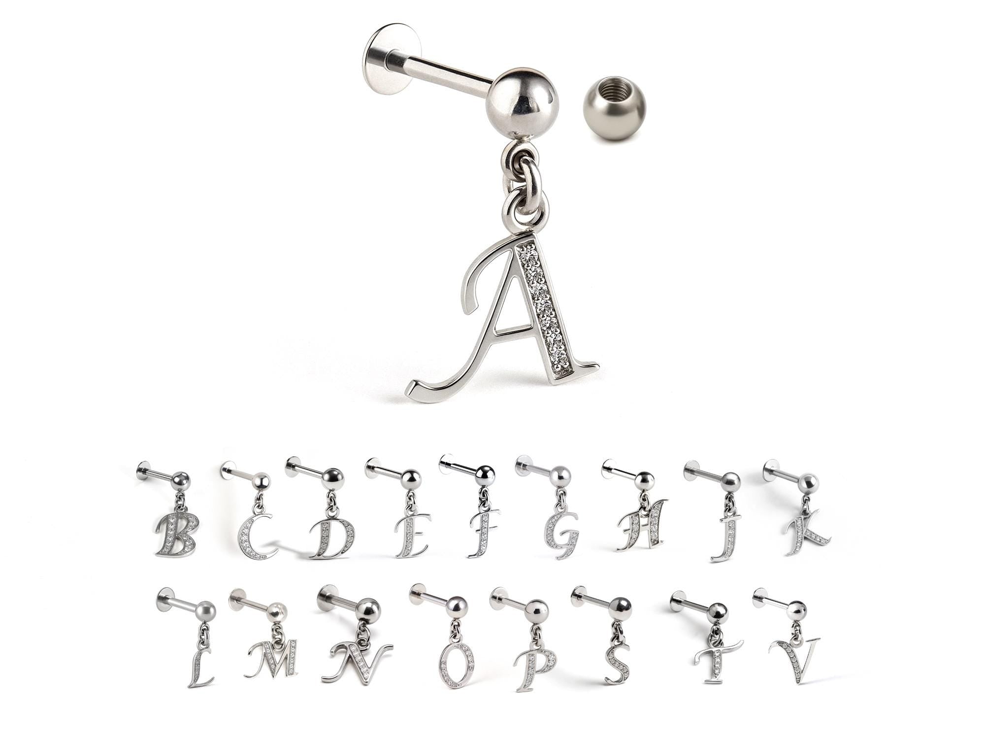 Initial Charm Labret Studs, 16G Cartilage Piercing with 3mm ball and Silver Letter Charm