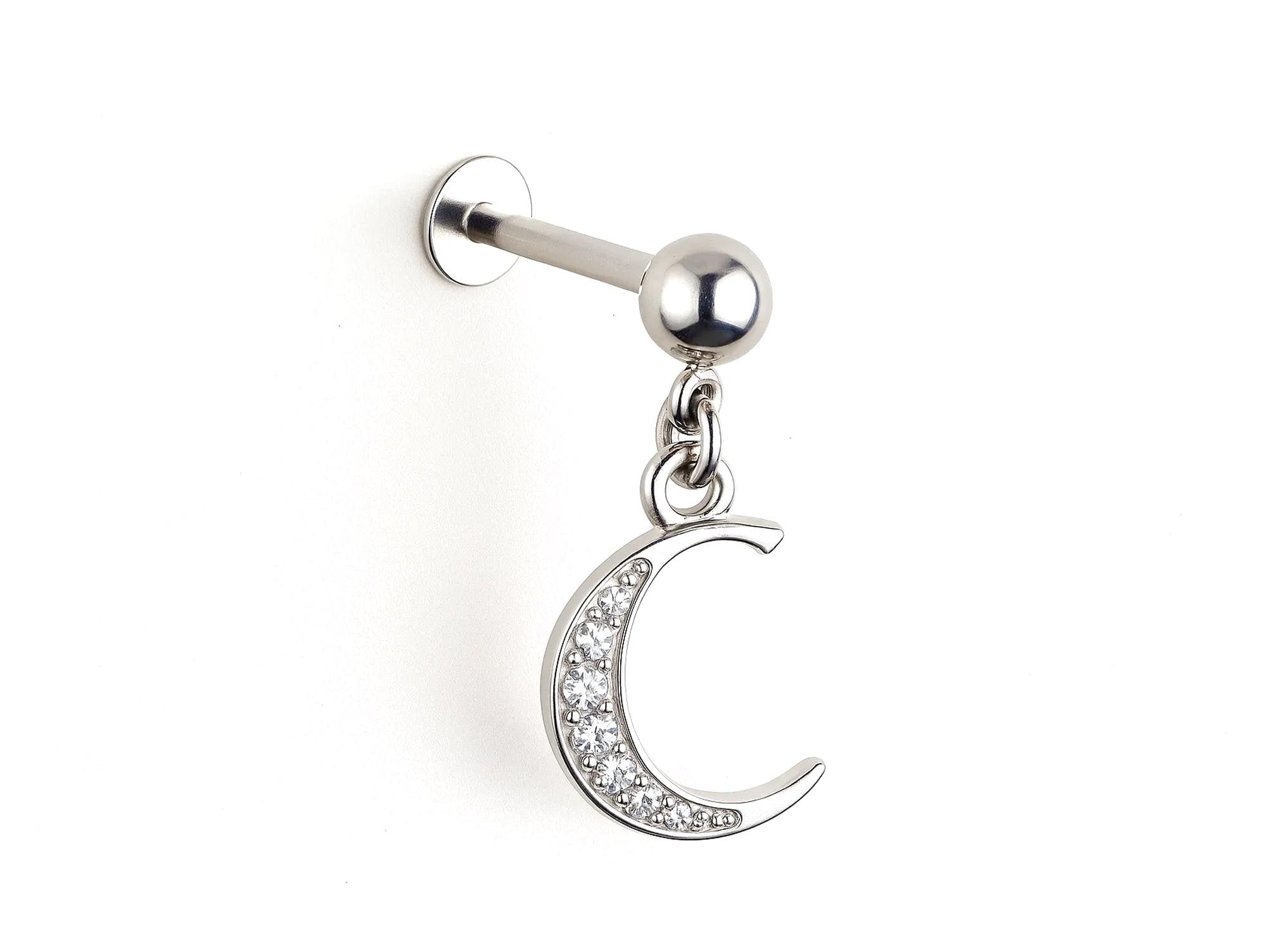 Initial Charm Labret Studs, 16G Cartilage Piercing with 3mm ball and Silver Letter Charm