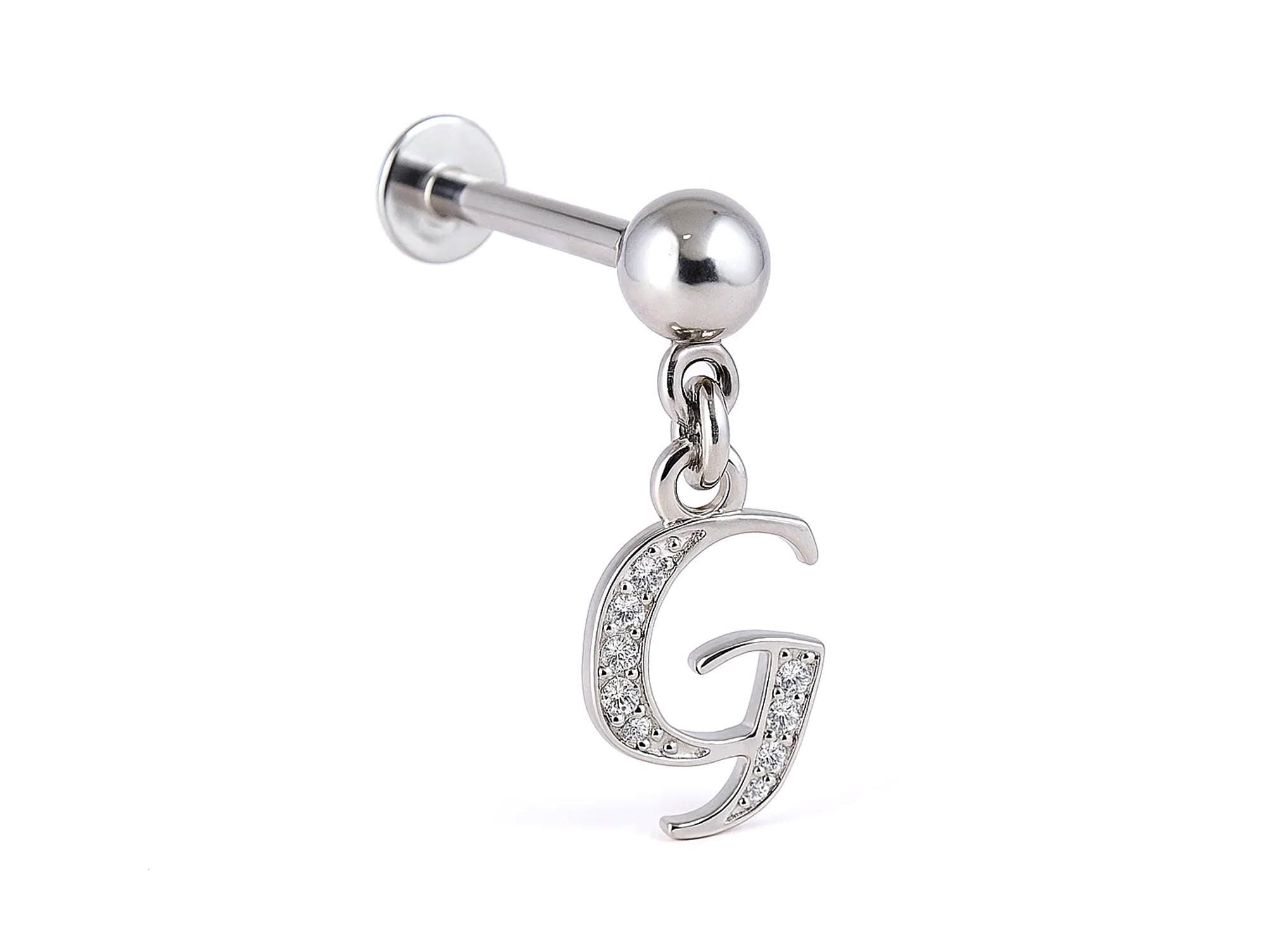 Initial Charm Labret Studs, 16G Cartilage Piercing with 3mm ball and Silver Letter Charm