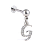 Initial Charm Labret Studs, 16G Cartilage Piercing with 3mm ball and Silver Letter Charm