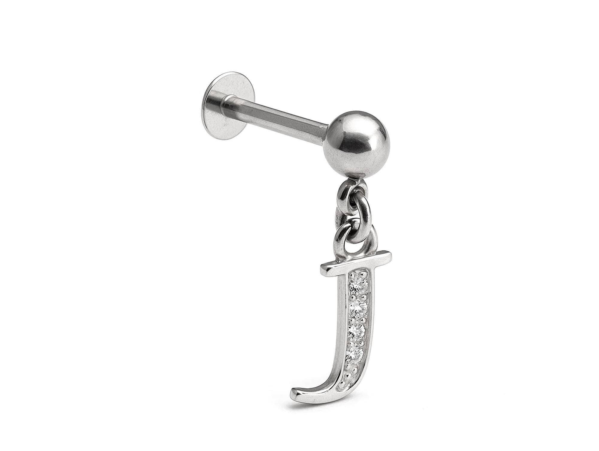 Initial Charm Labret Studs, 16G Cartilage Piercing with 3mm ball and Silver Letter Charm