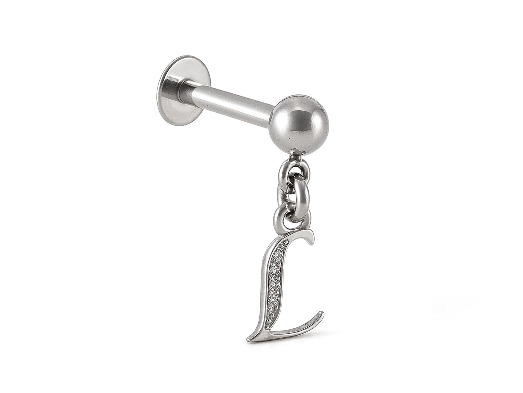 Initial Charm Labret Studs, 16G Cartilage Piercing with 3mm ball and Silver Letter Charm