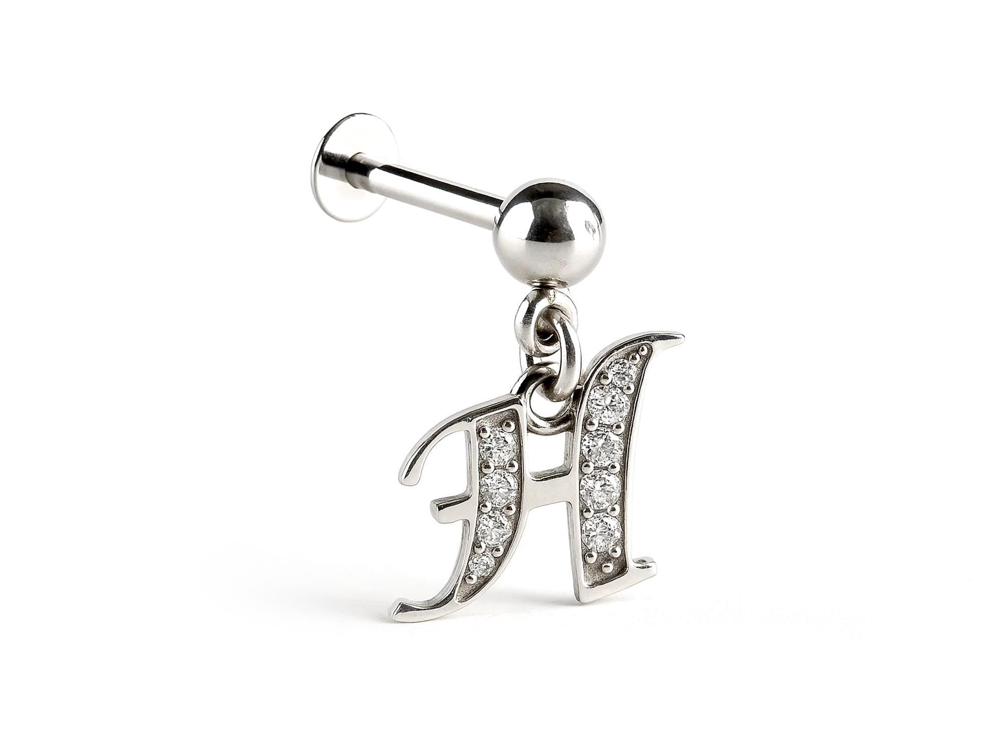 Initial Charm Labret Studs, 16G Cartilage Piercing with 3mm ball and Silver Letter Charm