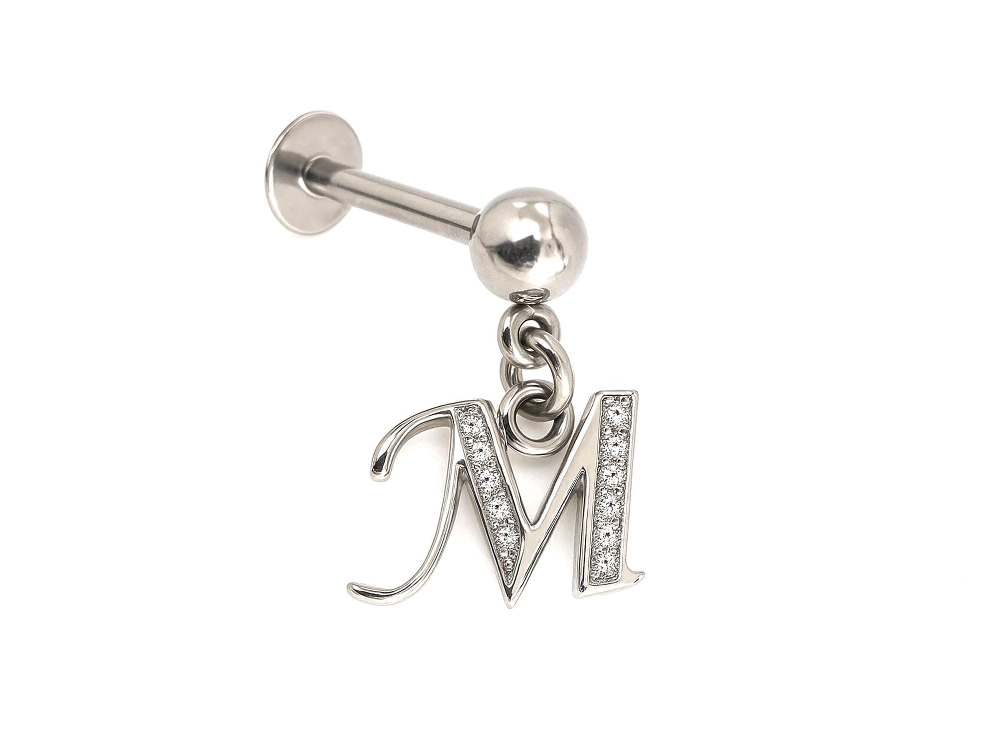 Initial Charm Labret Studs, 16G Cartilage Piercing with 3mm ball and Silver Letter Charm
