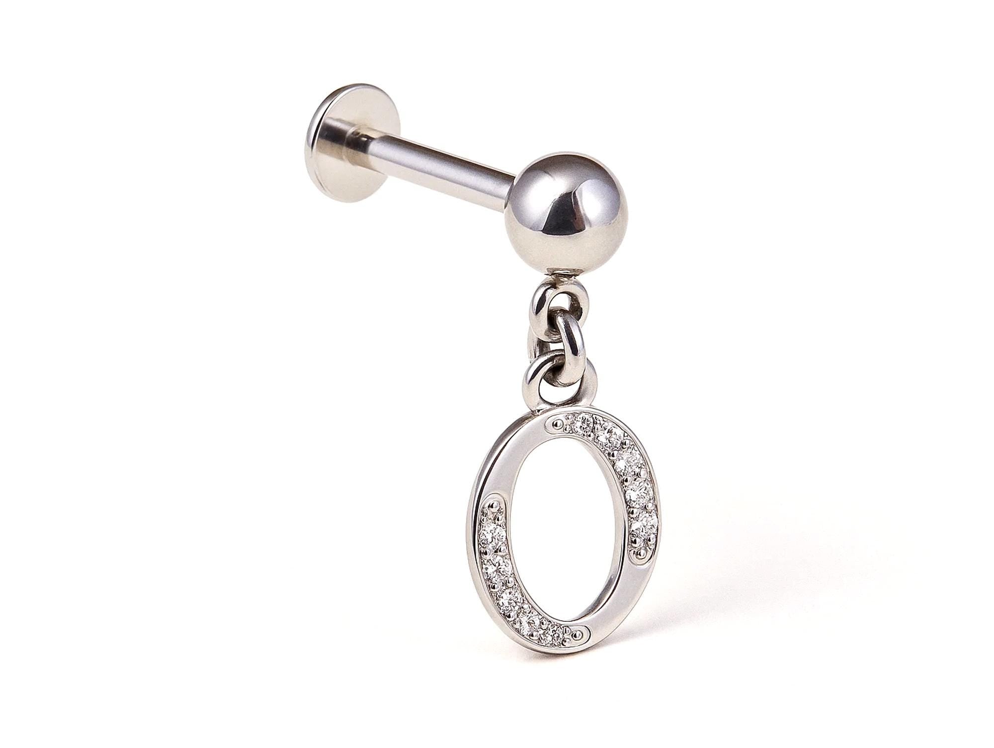 Initial Charm Labret Studs, 16G Cartilage Piercing with 3mm ball and Silver Letter Charm