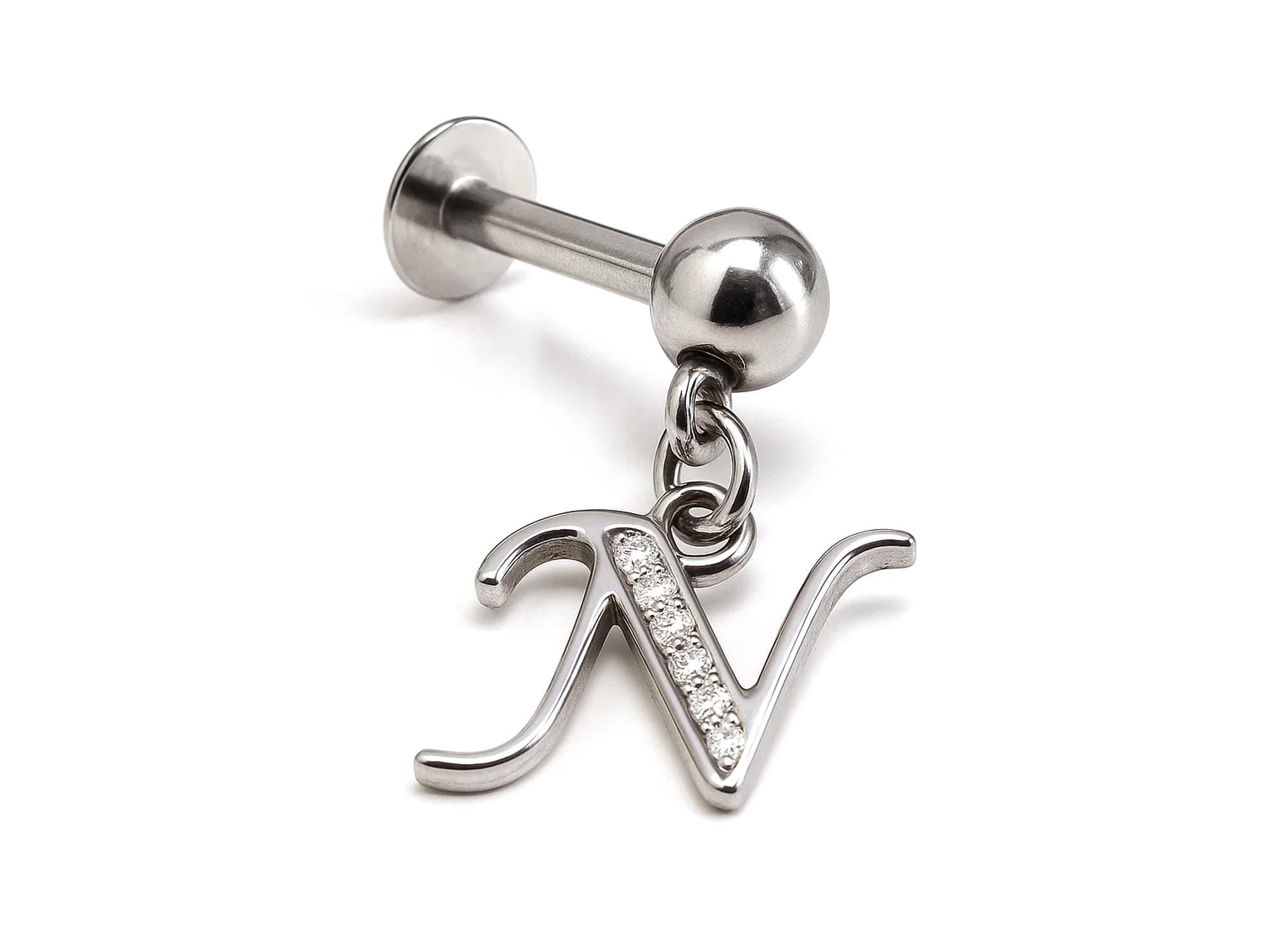 Initial Charm Labret Studs, 16G Cartilage Piercing with 3mm ball and Silver Letter Charm