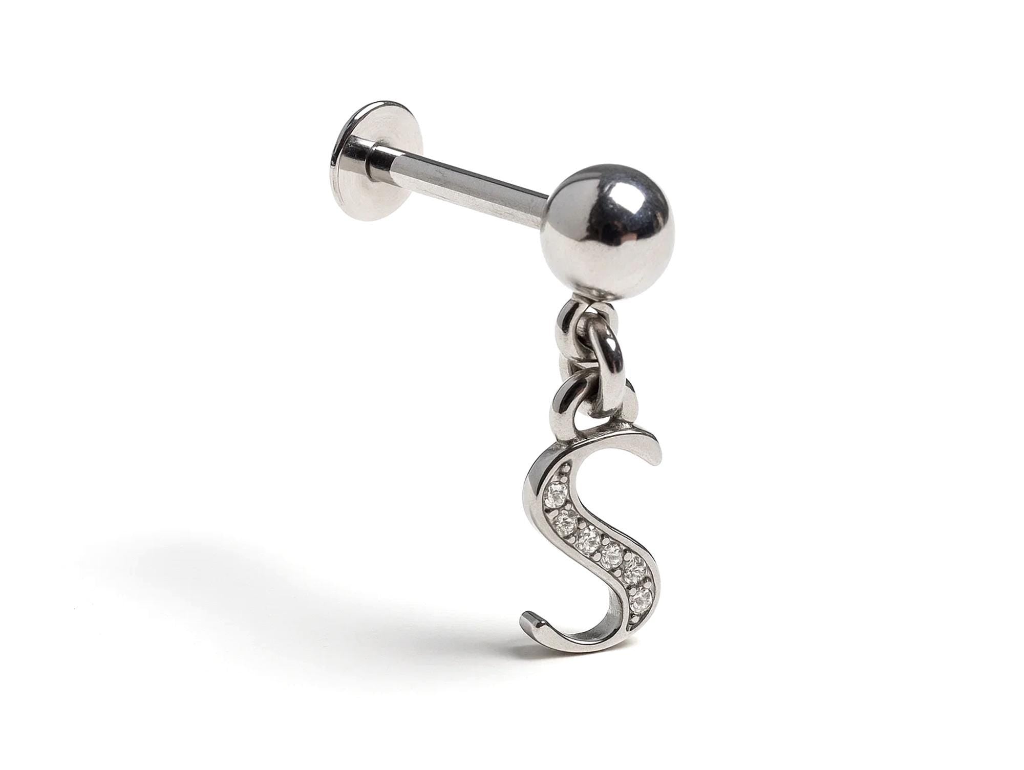 Initial Charm Labret Studs, 16G Cartilage Piercing with 3mm ball and Silver Letter Charm