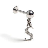 Initial Charm Labret Studs, 16G Cartilage Piercing with 3mm ball and Silver Letter Charm