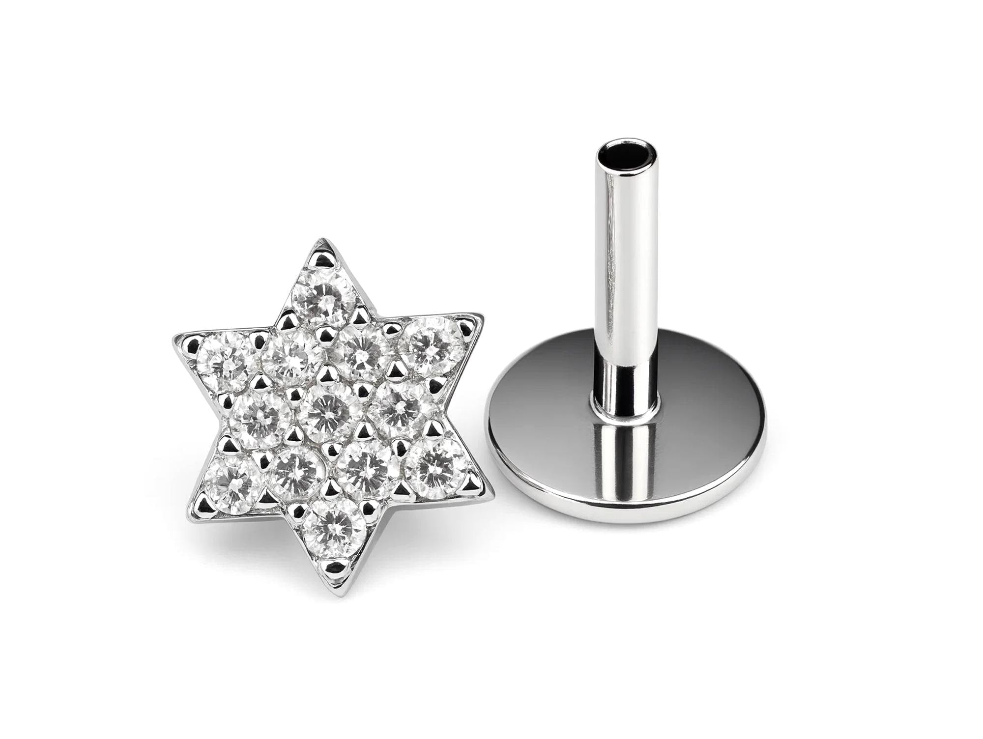 14k White gold Star labret lip stud piercing with Gemstones: 16g internally Threaded
