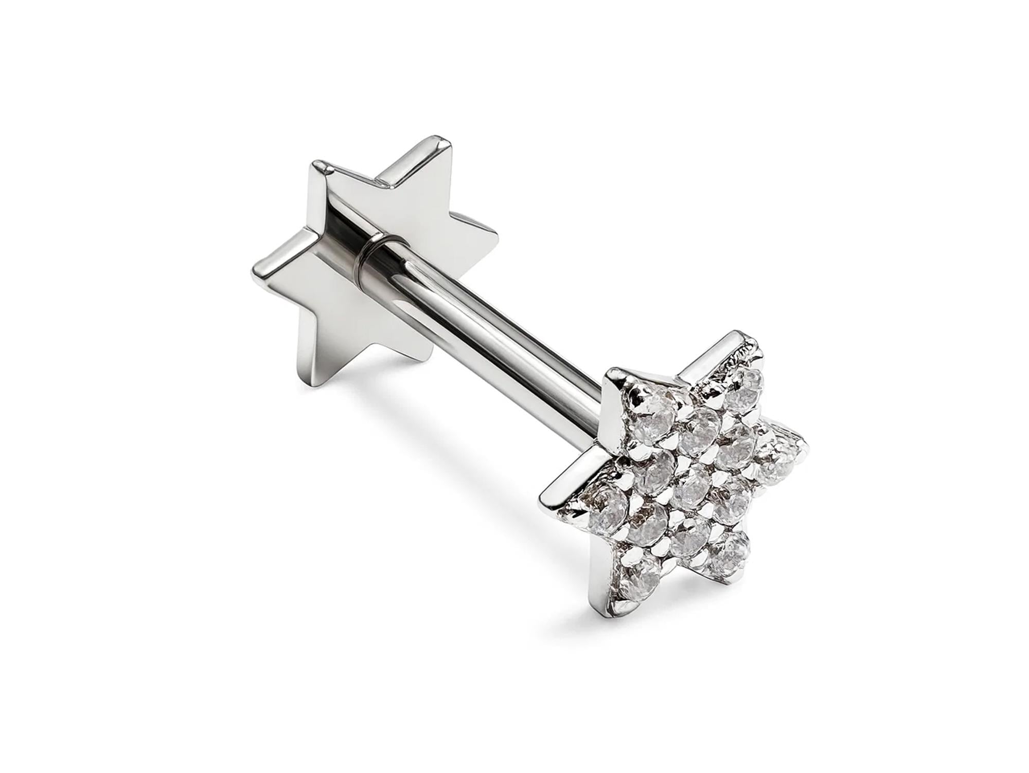 14k White gold Star Barbell Piercing with Gemstones - Internally Threaded - 16g Body Jewellery
