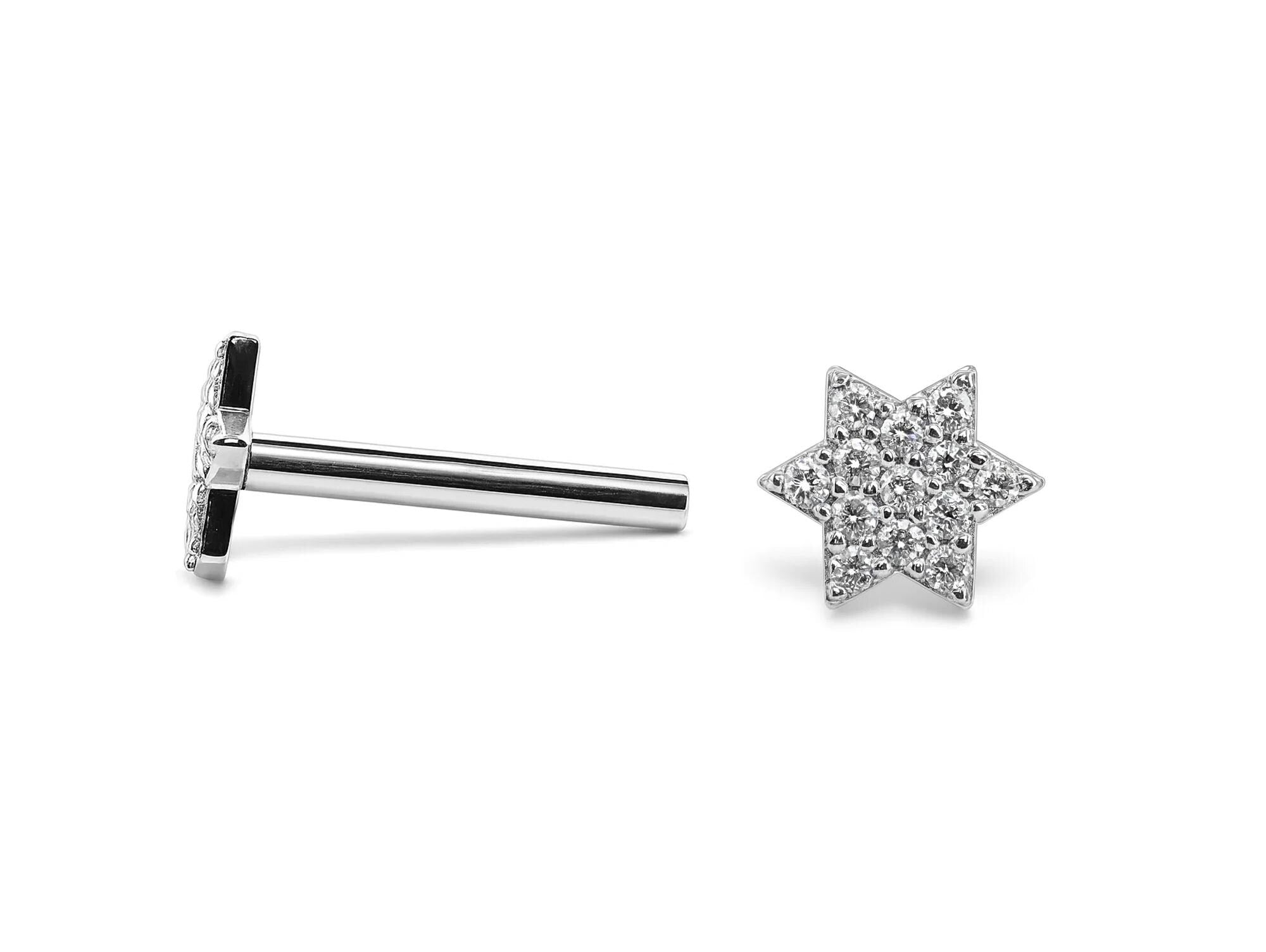 14k White gold Star Barbell Piercing with Gemstones - Internally Threaded - 16g Body Jewellery