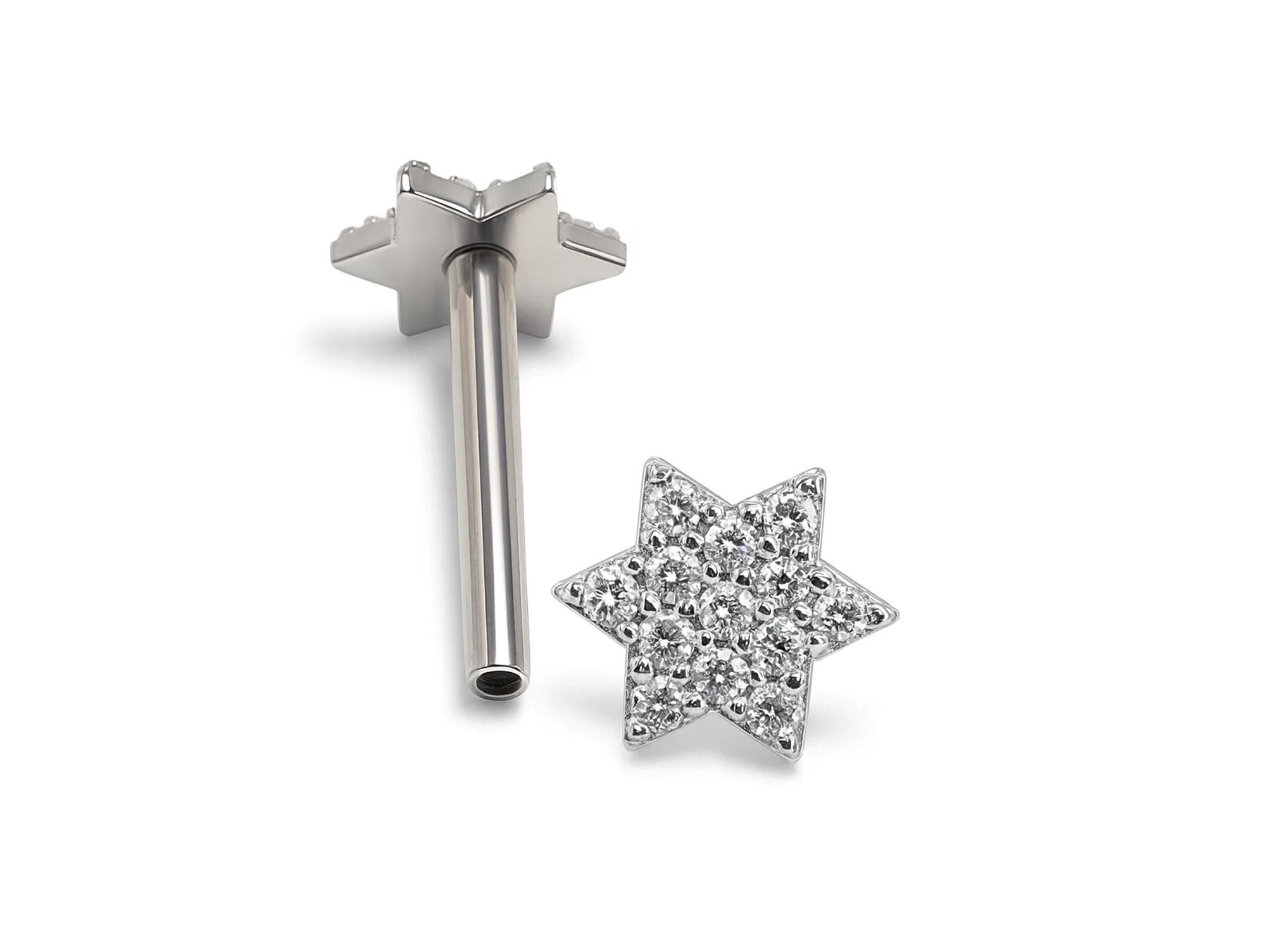 14k White gold Star Barbell Piercing with Gemstones - Internally Threaded - 16g Body Jewellery