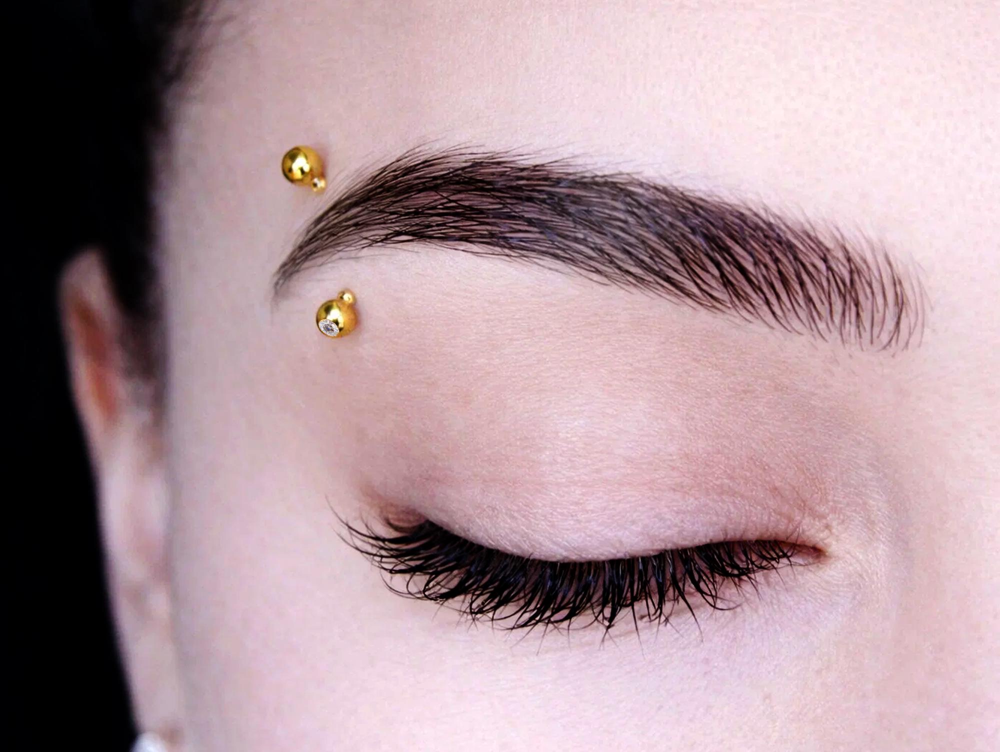 14K Solid Gold Eyebrow Barbell with Gemstones: 18G 16G 14G Curved Piercing Jewelry