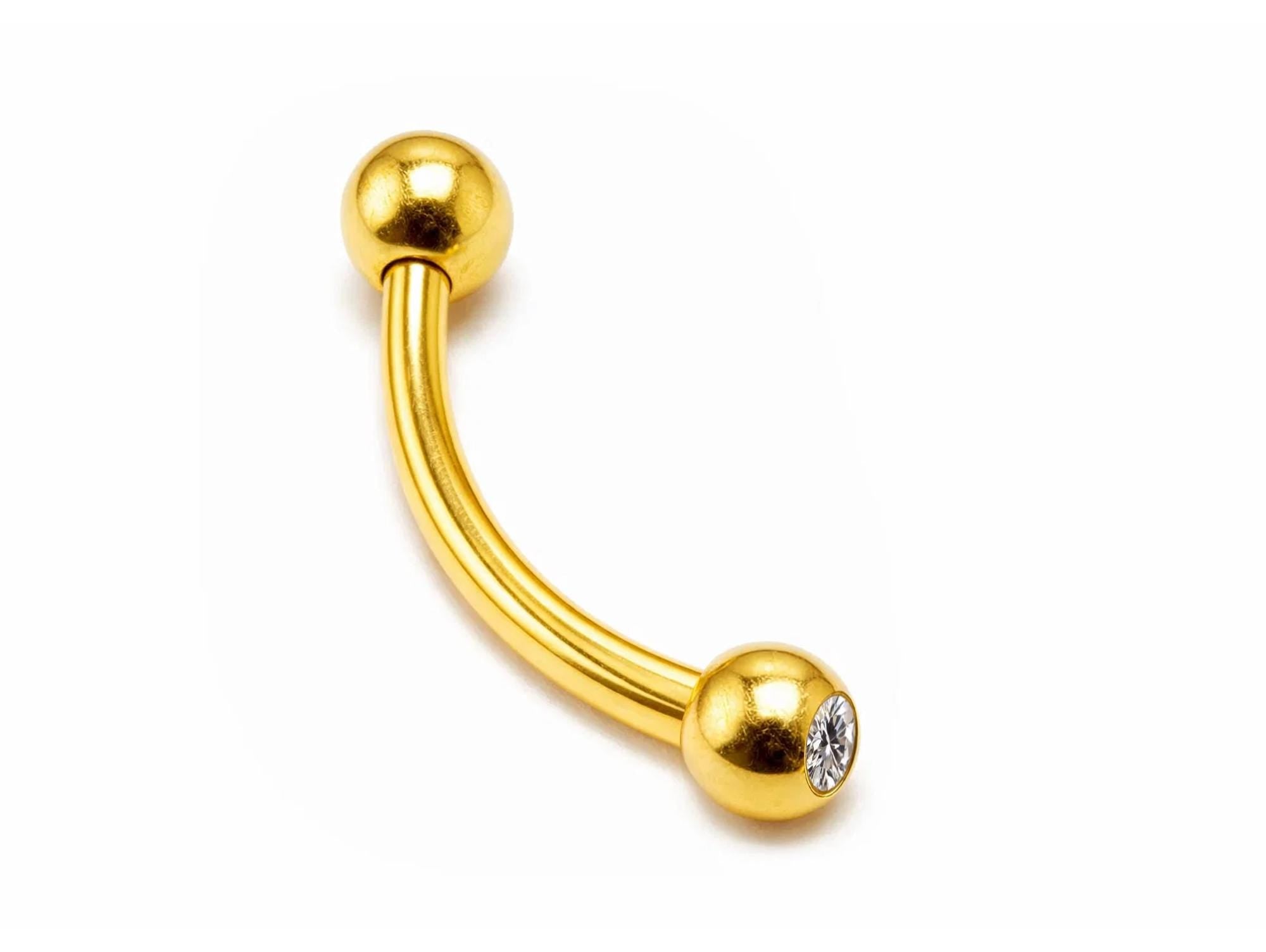 14K Solid Gold Eyebrow Barbell with Gemstones: 18G 16G 14G Curved Piercing Jewelry