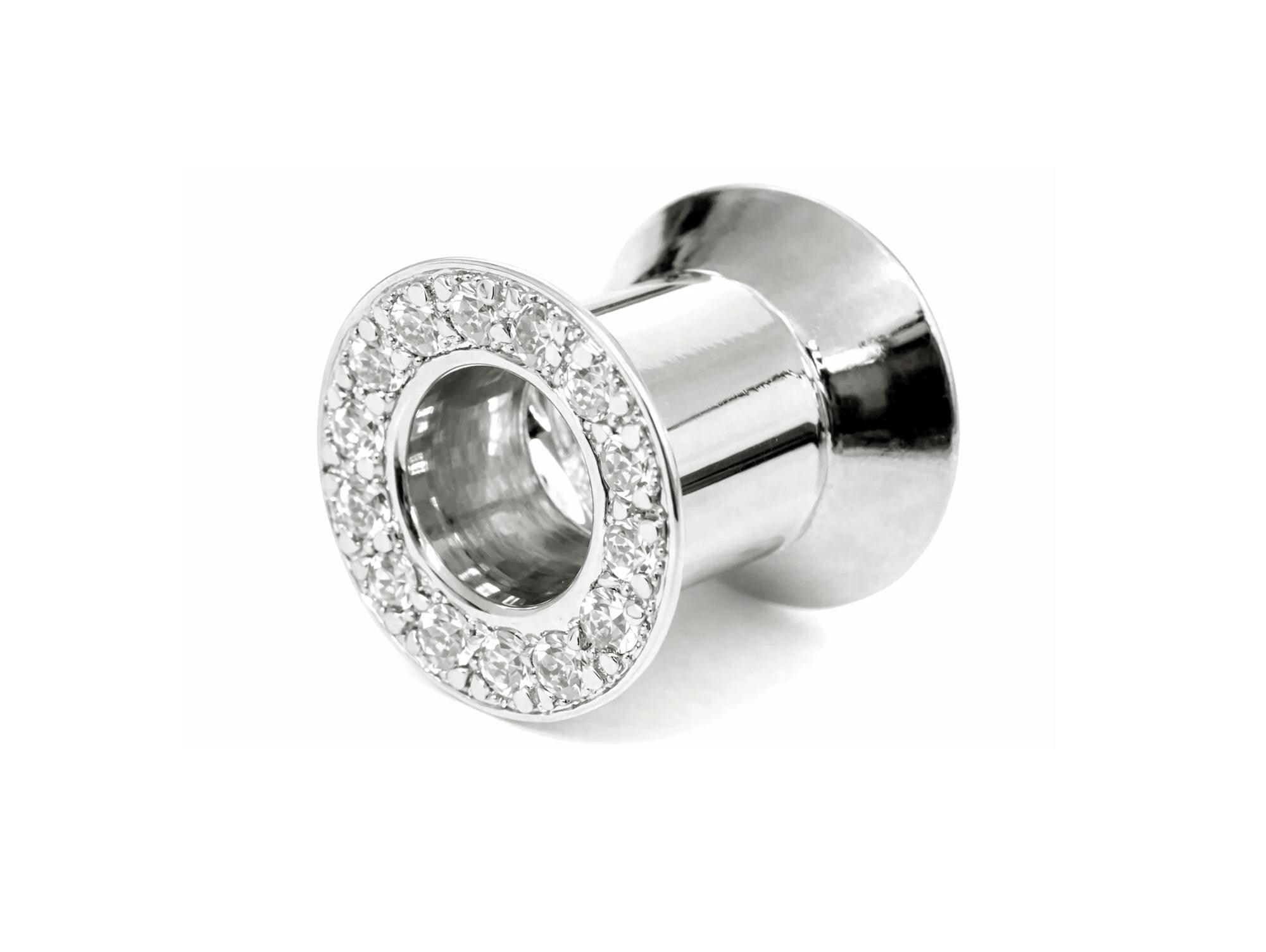 14K White Gold Double Plug Ear Tunnels, Ear stretching gauges with Gemstones - 12g-24mm Sold Individually