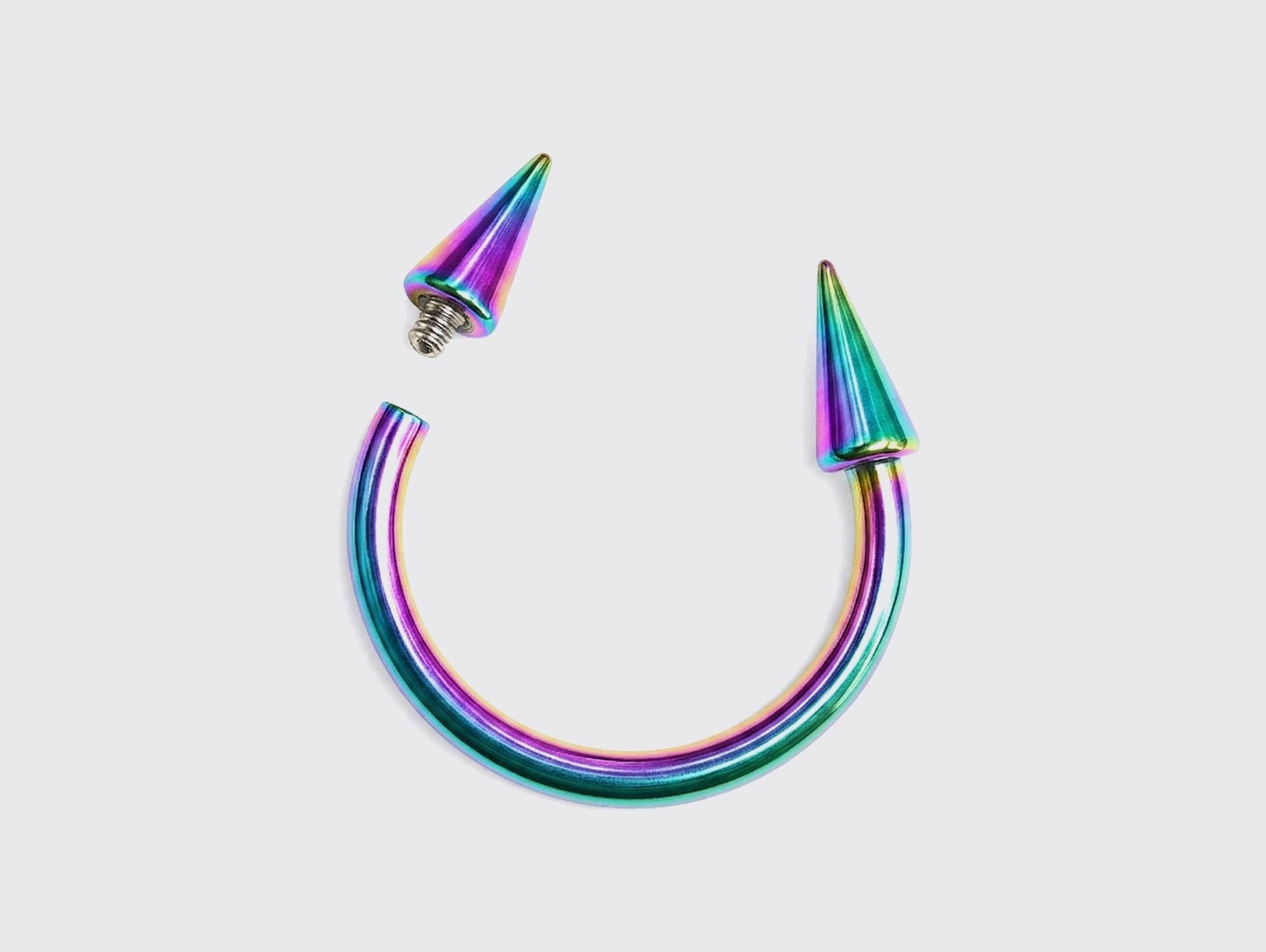 Rainbow Spike Septum Ring: Titanium Horseshoe Barbell, 16G-00G
