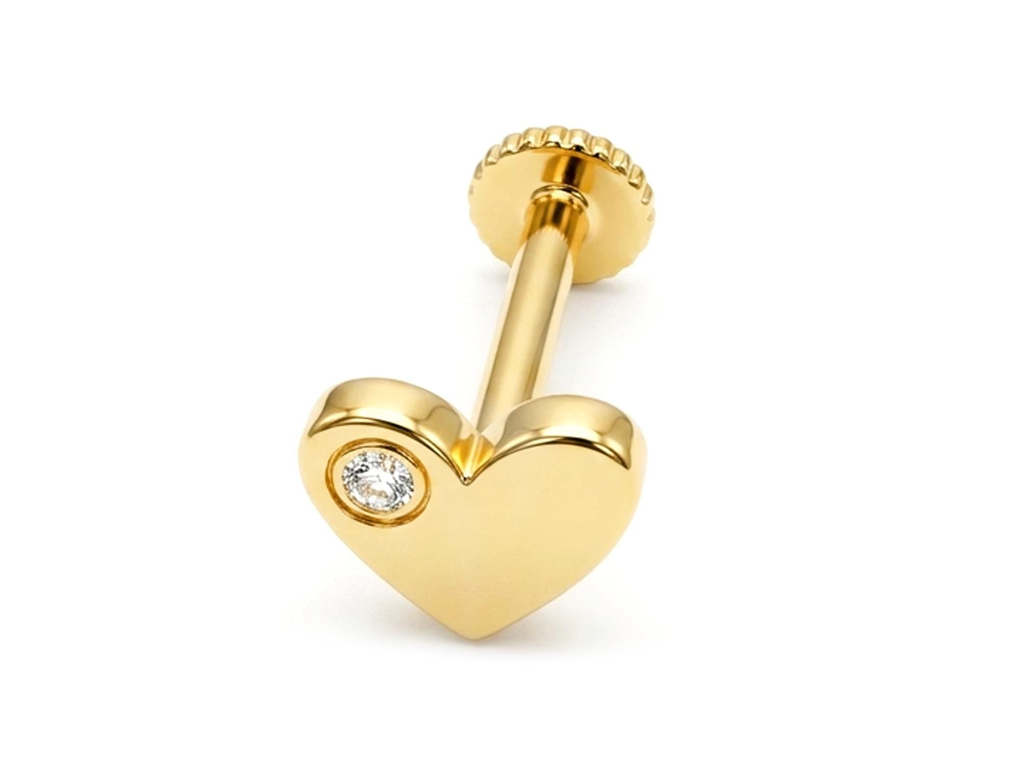 14K Gold Heart Tragus Jewelry, 16G Labret Lip Piercing with Gemstones