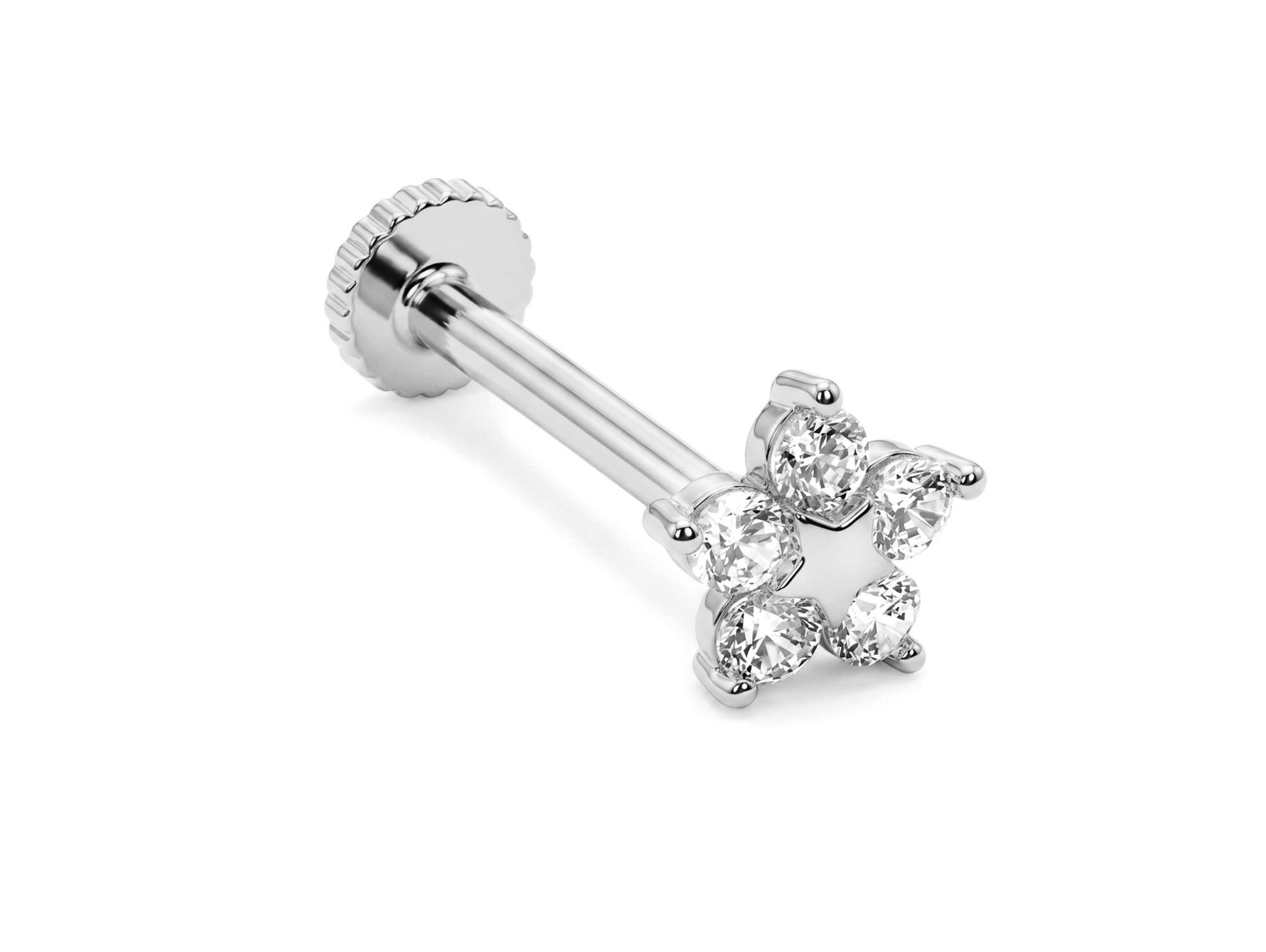 14K Gold Flower Tragus Ear Piercing, 16G Labret Lip Jewellery with Gemstones