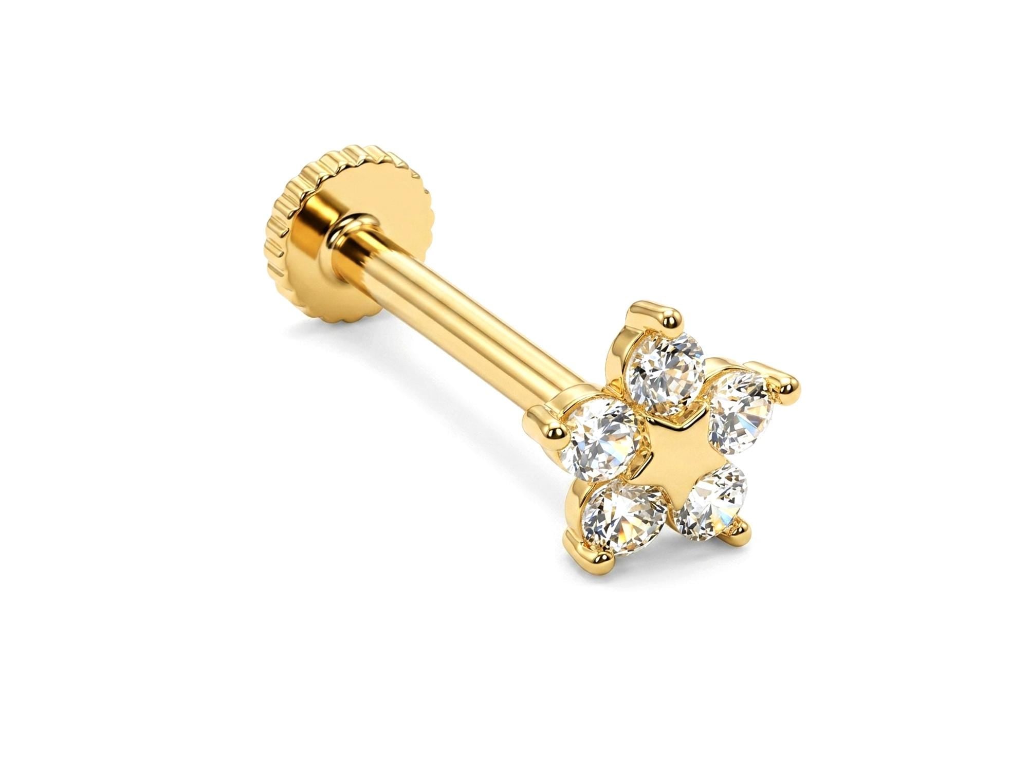 14K Gold Flower Tragus Ear Piercing, 16G Labret Lip Jewellery with Gemstones