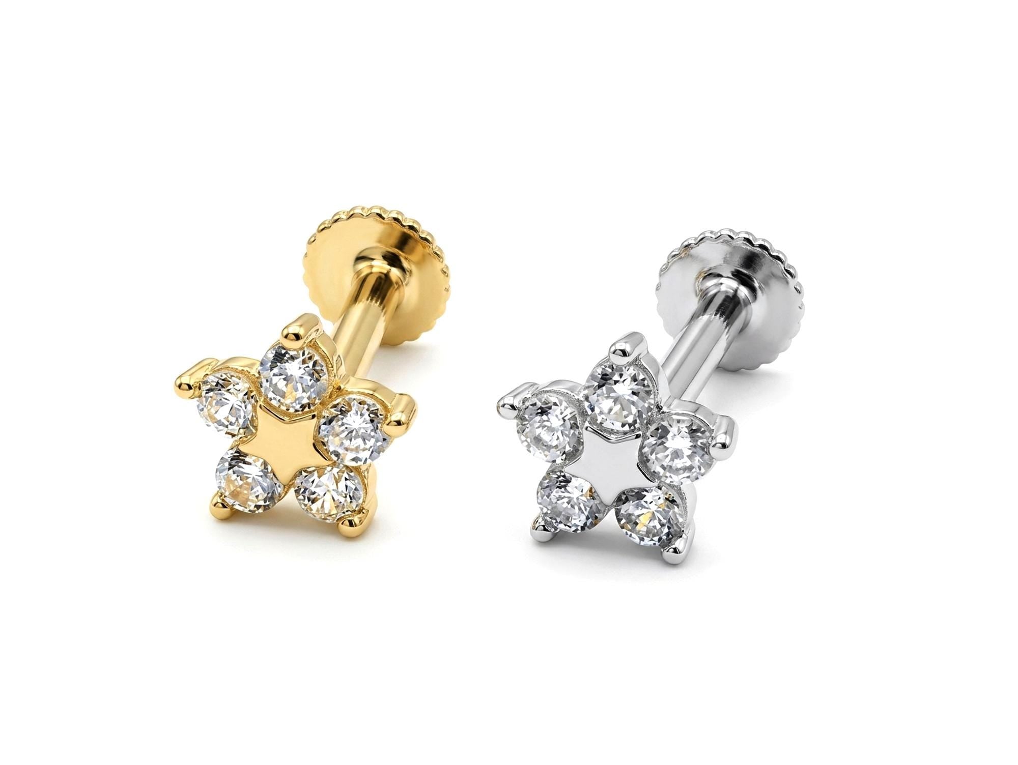 14K Gold Flower Tragus Ear Piercing, 16G Labret Lip Jewellery with Gemstones
