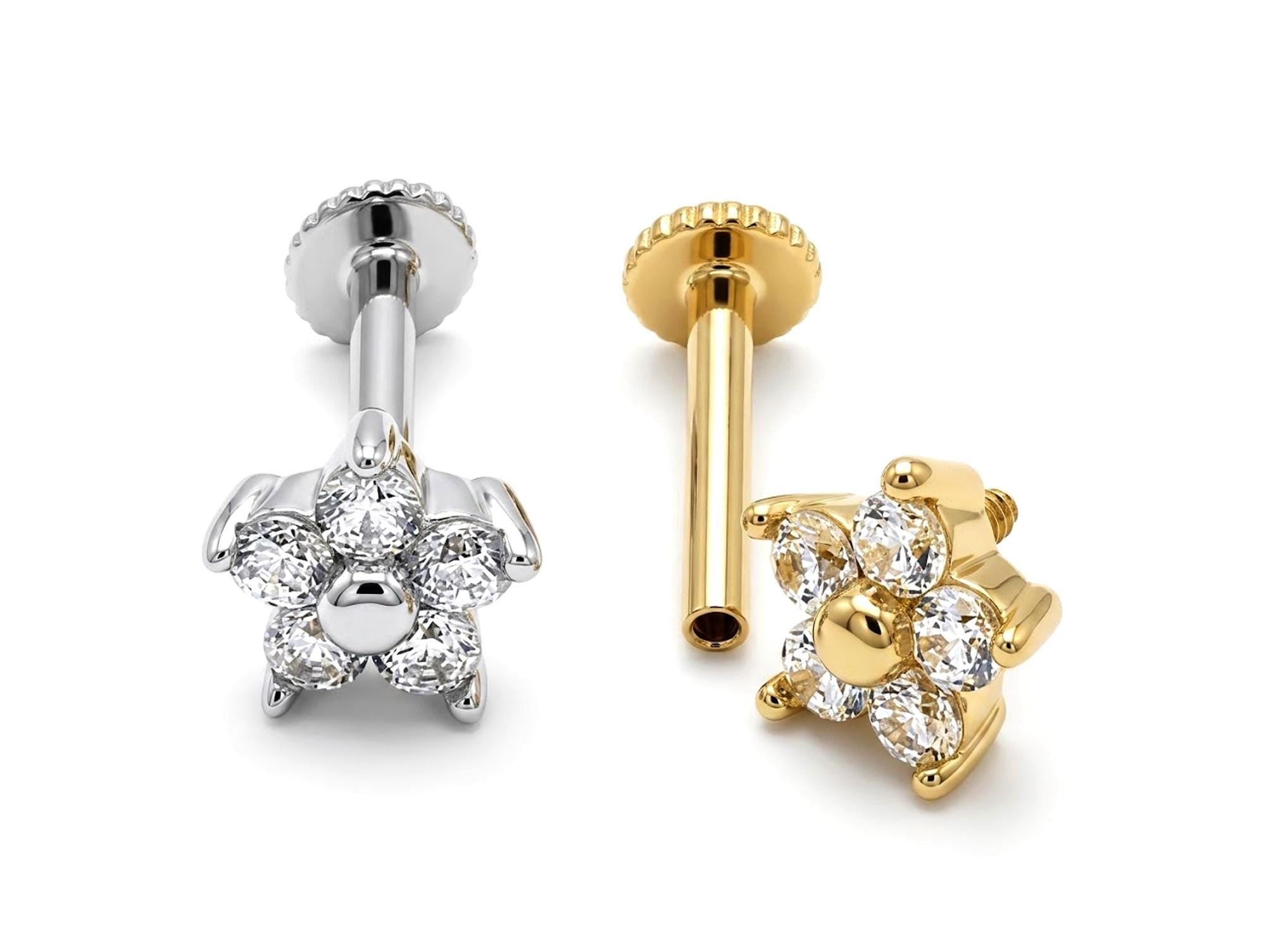 Tragus Flower Earring 16G Labret Jewellery with 5 petals gemstone - 14K Gold Piercing