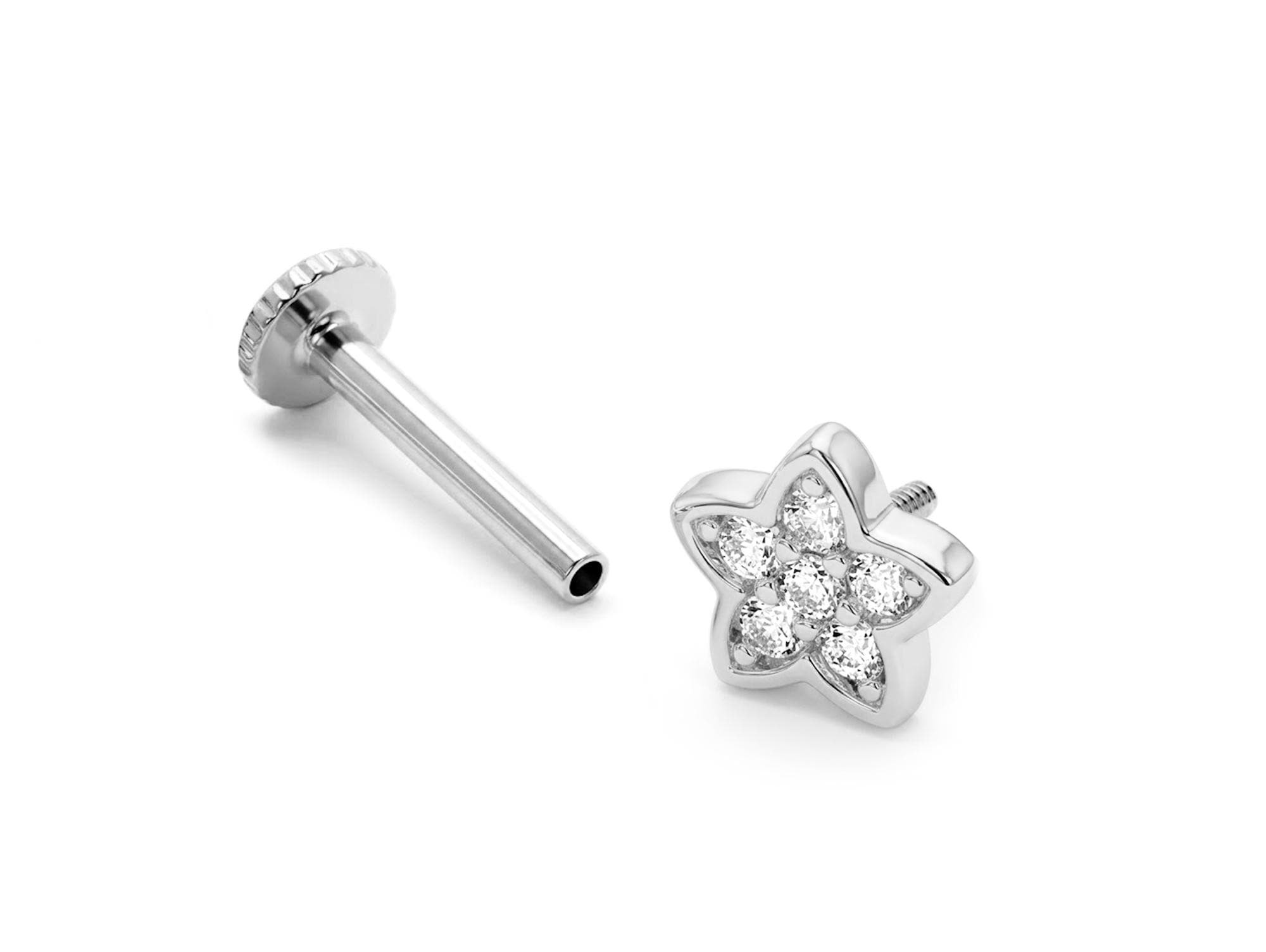 14K Gold Piercing Star shape Tragus Earring 16G Labret Jewellery with clear gemstone