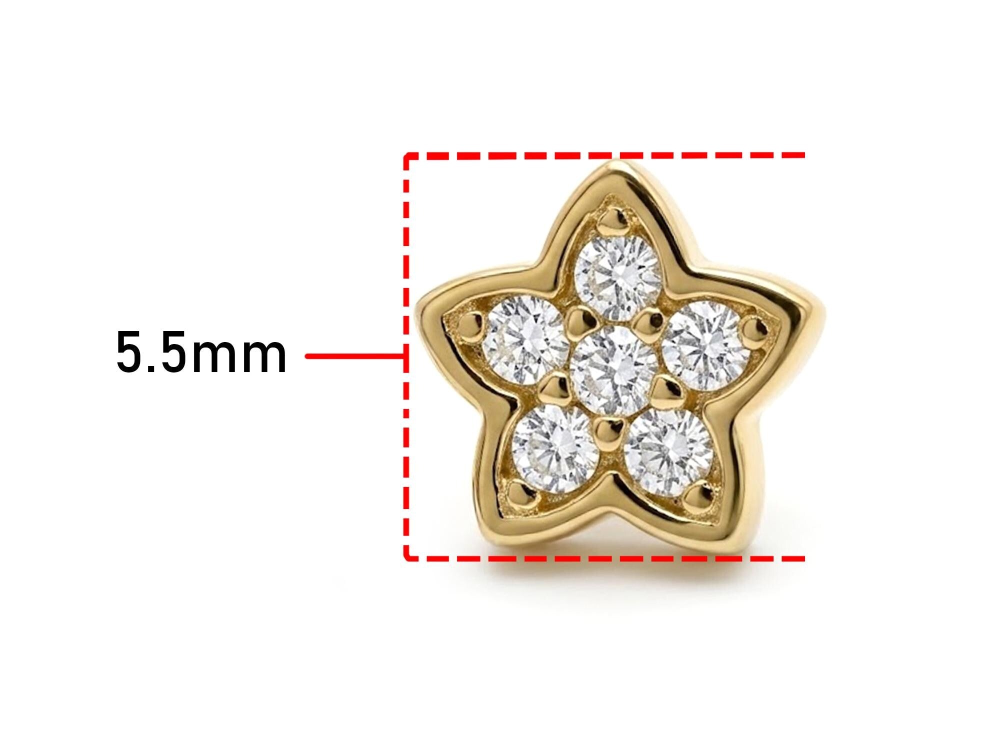 14K Gold Piercing Star shape Tragus Earring 16G Labret Jewellery with clear gemstone