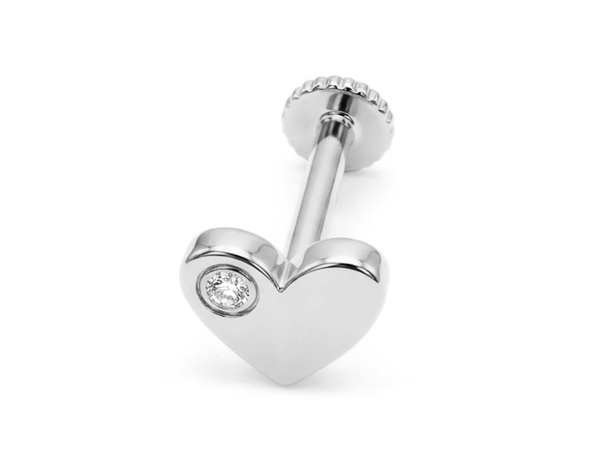 14K Gold Heart Tragus Jewelry, 16G Labret Lip Piercing with Gemstones