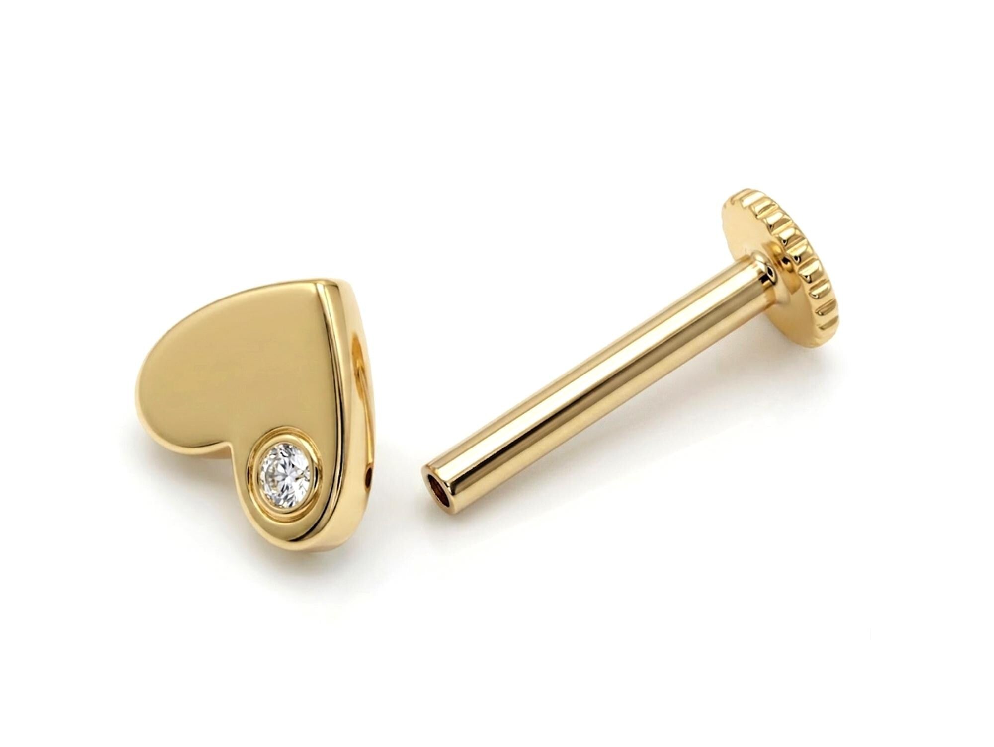14K Gold Heart Tragus Jewelry, 16G Labret Lip Piercing with Gemstones