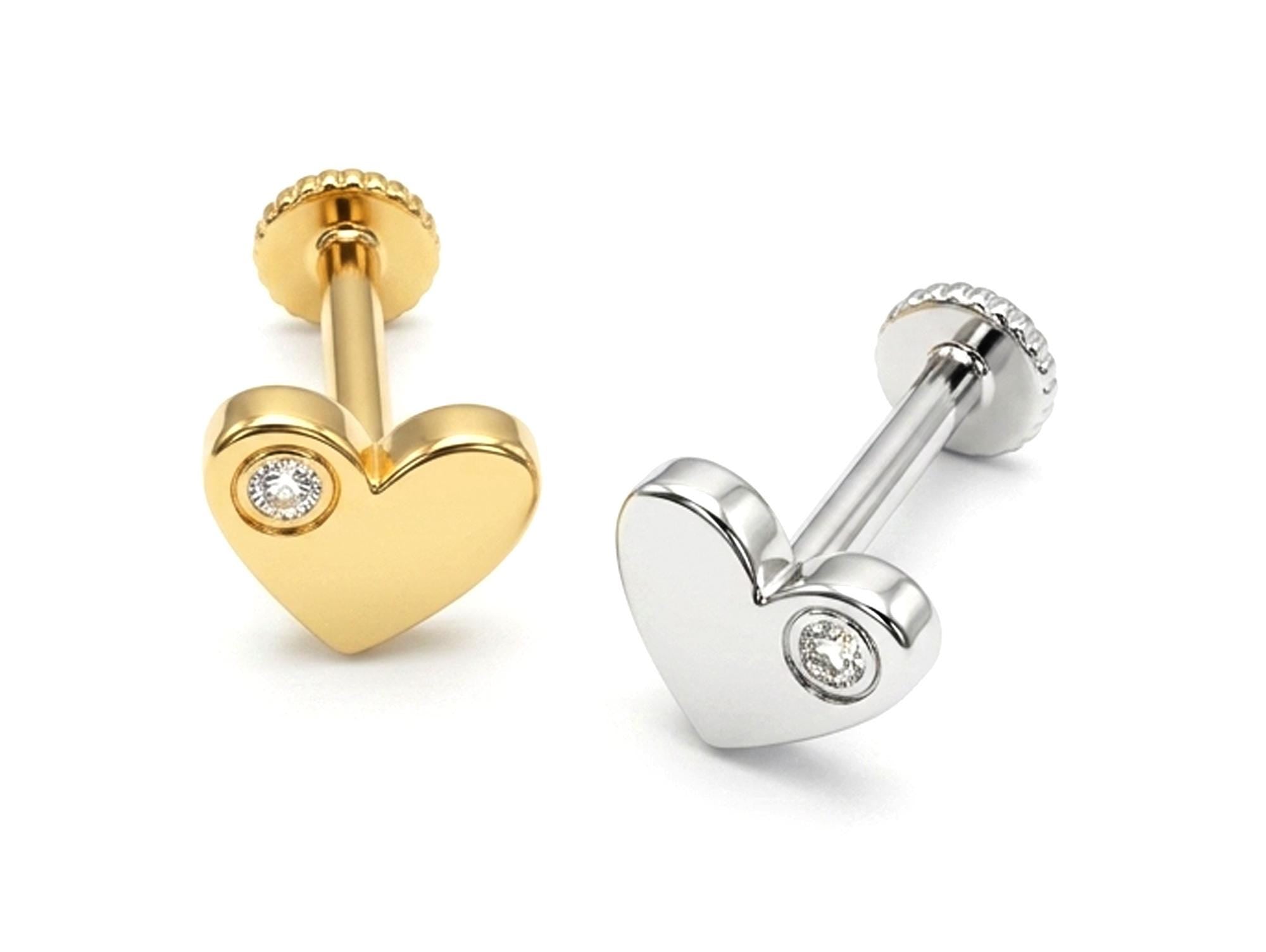 14K Gold Heart Tragus Jewelry, 16G Labret Lip Piercing with Gemstones