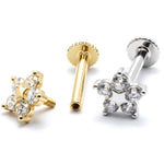 14K Gold Flower Tragus Ear Piercing, 16G Labret Lip Jewellery with Gemstones